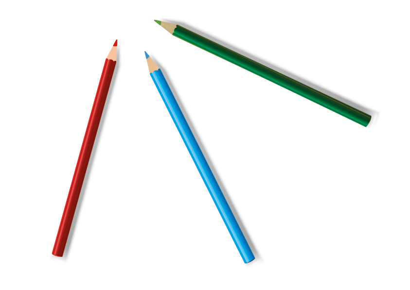 Ilustracja przedstawia trzy kredki: czerwoną, niebieską i zieloną. 