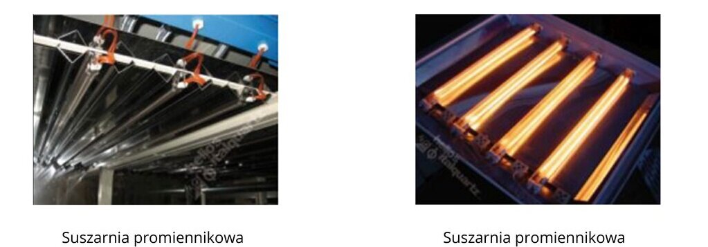Zdjęcie przedstawia suszarnię promiennikową na dwóch zdjęciach. Widać podłużne lampy. Na lewym zdjęciu są wyłączone, na prawym włączone.