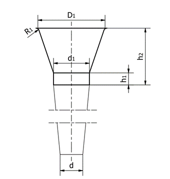 Zbiornik wlewowy stożkowy (ZWs).
Ilustracja przedstawia zbiornik wlewowy stożkowy, ma on kształt prostopadłościanu z dłuższą podstawą skierowaną ku górze. Na rysunku są literowe oznaczenia, które oznaczają górną i dolną średnicę oraz wysokości. 