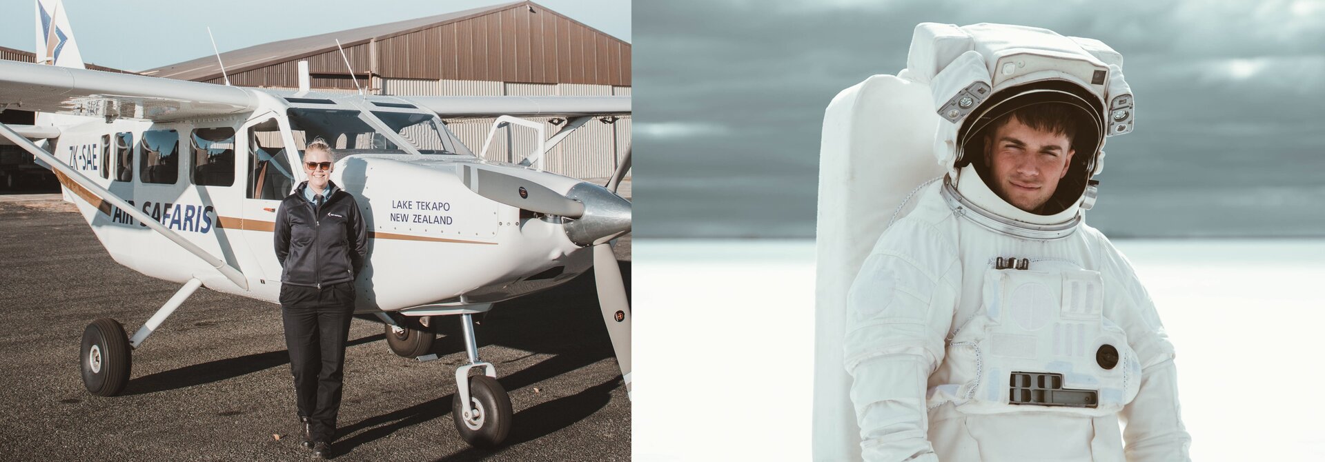 Grafika składa się z dwóch zdjęć. Zdjęcie po lewej przedstawia kobietę w czarnym kombinezonie, opartą o białą awionetkę, stojącą na płycie lotniska. Zdjęcie po prawej przedstawia młodego mężczyznę ubranego w biały skafander i biały hełm z otwartą szybką na twarzy. Na plecach mężczyzna ma biały plecak kosmonauty z tlenem.