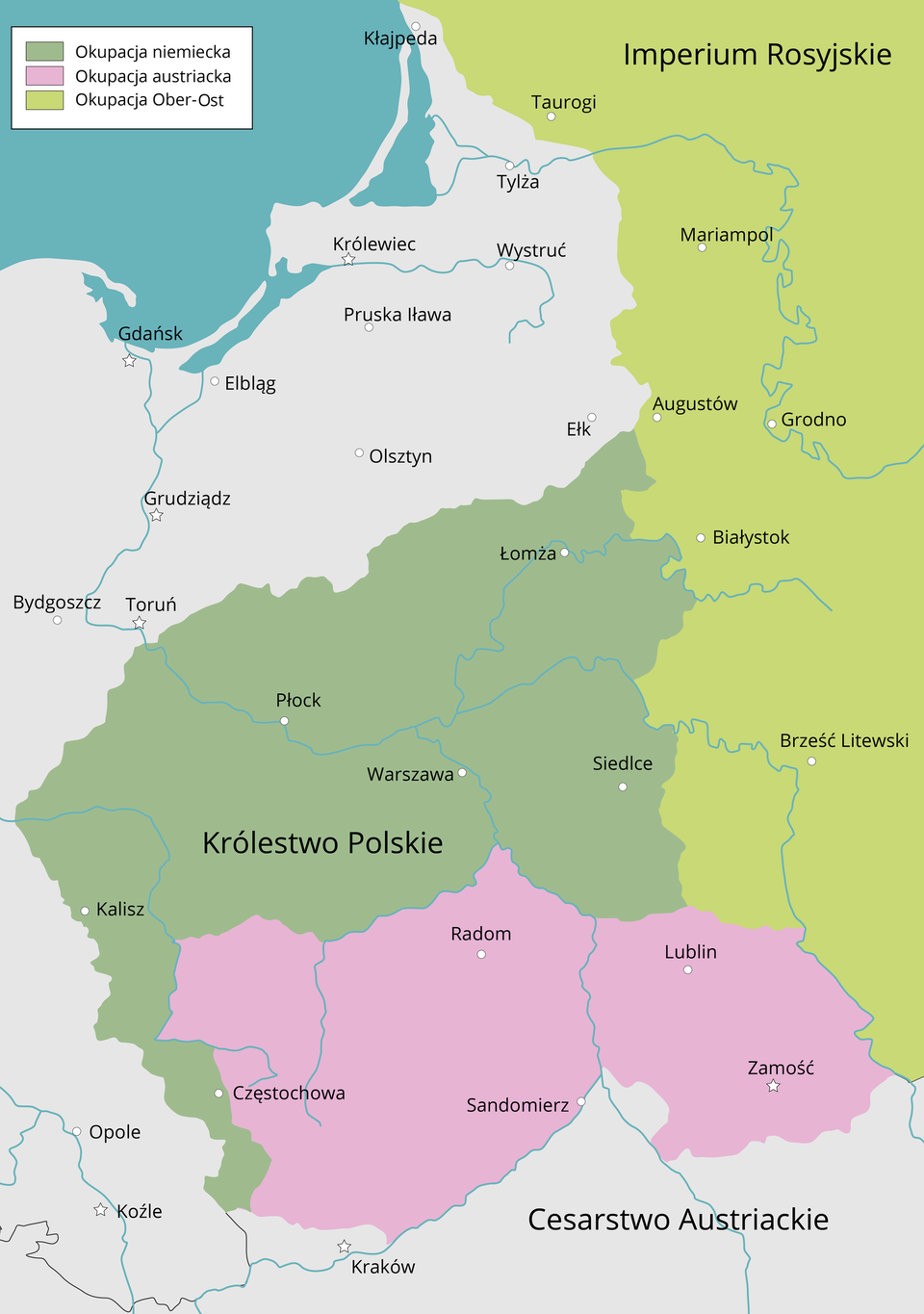 Mapa przedstawia tereny okupacji niemieckiej, która zajmowała teren Królestwa Polskiego czyli obecny teren południowego‑wschodu Polski. Okupację austriacką na południu Polski od Częstochowy po Zamość. Okupację Ober‑Ost zajmującą tereny Imperium Rosyjskiego na obecnych terenach Litwy, Łotwy, Ukrainy, Białorusi i Rosji. 