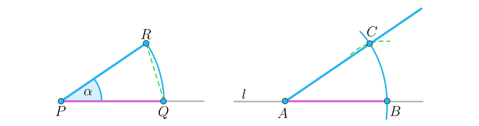 Na ilustracji przedstawiono kąt R P Q o mierze alfa. Obok na prostej l, skonstruowano kąt C A B o mierzej równej alfa. 