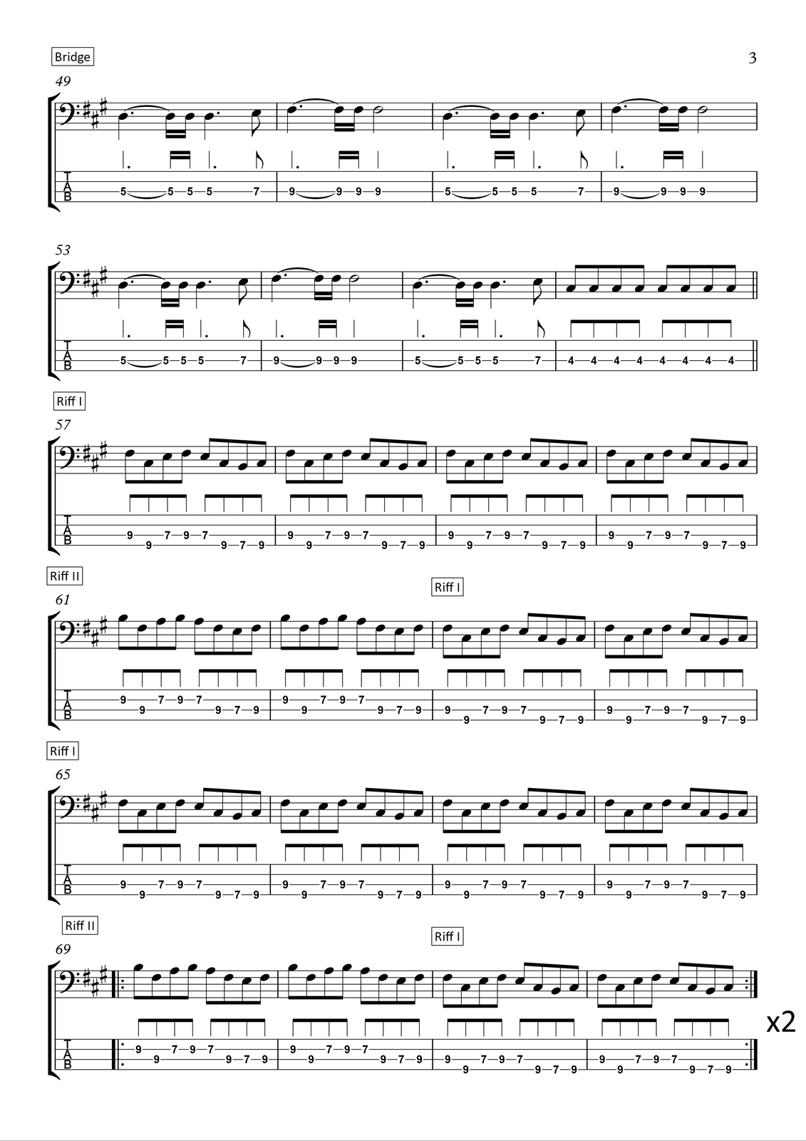 Akordy na gitarę basową do utworu „<span lang="en">Billie Jean</span>” autorstwa <span lang="en">Michaela Jacksona</span> Materiał przedstawia część partytury oraz tabulatury przeznaczonej na gitarę basową utworu „Billie Jean” Michaela Jacksona. Autorem słów oraz kompozytorem jest Michael Jackson. Utwór jest napisany w metrum cztery czwarte, w tonacji A‑dur. Wszystkie dźwięki znajdują się w obrębie oktaw wielkiej oraz małej i są zapisane w kluczu basowym oraz tabulaturze basowej. W pierwszych dwóch linijkach na trzeciej stronie, czyli taktach od czterdziestego dziewiątego do pięćdziesiątego szóstego zapisano bridge utworu (czyli przejście). W takcie czterdziestym dziewiątym na pierwszą miarę grana jest ćwierćnuta z kropką d (piąty próg na strunie A), przedłużona o szesnastkę. Dalej grana jest szesnastka d (ponownie piąty próg na strunie A), na trzecią miarę jeszcze raz ćwierćnuta z kropką d, a na koniec taktu ósemka e (siódmy próg na strunie A). W takcie pięćdziesiątym na pierwszą miarę grana jest ćwierćnuta z kropką fis (dziewiąty próg na strunie A), przedłużona o szesnastkę, a następnie szesnastka fis (ponownie dziewiąty próg na strunie A). Na trzecią miarę zapisano półnutę fis (ten sam próg i struna). W takcie pięćdziesiątym pierwszym na pierwszą miarę grana jest ćwierćnuta z kropką d (piąty próg na strunie A), przedłużona o szesnastkę. Dalej grana jest szesnastka d (ponownie piąty próg na strunie A), na trzecią miarę jeszcze raz ćwierćnuta z kropką d, a na koniec taktu ósemka e (siódmy próg na strunie A). W takcie pięćdziesiątym drugim na pierwszą miarę grana jest ćwierćnuta z kropką fis (dziewiąty próg na strunie A), przedłużona o szesnastkę, a następnie szesnastka fis (ponownie dziewiąty próg na strunie A). Na trzecią miarę zapisano półnutę fis (ten sam próg i struna).W takcie pięćdziesiątym trzecim na pierwszą miarę grana jest ćwierćnuta z kropką d (piąty próg na strunie A), przedłużona o szesnastkę. Dalej grana jest szesnastka d (ponownie piąty próg na strunie A), na trzecią miarę jeszcze raz ćwierćnuta z kropką d, a na koniec taktu ósemka e (siódmy próg na strunie A). W takcie pięćdziesiątym czwartym na pierwszą miarę grana jest ćwierćnuta z kropką fis (dziewiąty próg na strunie A), przedłużona o szesnastkę, a następnie szesnastka fis (ponownie dziewiąty próg na strunie A). Na trzecią miarę zapisano półnutę fis (ten sam próg i struna). W takcie pięćdziesiątym piątym na pierwszą miarę grana jest ćwierćnuta z kropką d (piąty próg na strunie A), przedłużona o szesnastkę. Dalej grana jest szesnastka d (ponownie piąty próg na strunie A), na trzecią miarę jeszcze raz ćwierćnuta z kropką d, a na koniec taktu ósemka e (siódmy próg na strunie A). W takcie pięćdziesiątym szóstym grane jest osiem ósemek cis (czwarty próg na strunie A).Trzecia linijka na trzeciej stronie, czyli takty od pięćdziesiątego siódmego do sześćdziesiątego to ponownie pierwszy motyw (riff pierwszy). Wszystkie dźwięki w linijce to ósemki. Na pierwszą miarę w takcie pięćdziesiątym siódmym grane są dźwięki fis (dziewiąty próg na strunie A) oraz cis (dziewiąty próg na strunie E), na miarę drugą e (siódmy próg na strunie A) oraz fis (dziewiąty próg na strunie A), na trzecią miarę e (siódmy próg na strunie A) oraz cis (dziewiąty próg na strunie E), a na miarę czwartą h (siódmy próg na strunie E) oraz cis (dziewiąty próg na strunie E). Takty od pięćdziesiątego ósmego do sześćdziesiątego są dokładnie takie same, jak takt pięćdziesiąty siódmy. W czwartej linijce na trzeciej stronie zapisano drugi motyw (riff drugi) w taktach sześćdziesiątym pierwszym oraz sześćdziesiątym drugim i ponownie motyw pierwszy (riff pierwszy) w taktach sześćdziesiątym trzecim oraz sześćdziesiątym czwartym. Wszystkie dźwięki w linijce to ósemki. Na pierwszą miarę w takcie sześćdziesiątym pierwszym grany jest dźwięk h (dziewiąty próg na strunie D) oraz fis (dziewiąty próg na strunie A), na drugą miarę a (siódmy próg na strunie D) oraz h (dziewiąty próg na strunie D), na trzecią miarę a (siódmy próg na strunie D) oraz fis (dziewiąty próg na strunie A), a na miarę czwartą e (siódmy próg na strunie A) oraz fis (dziewiąty próg na strunie A). Kolejny, sześćdziesiąty drugi takt, jest dokładnie taki sam, jak takt sześćdziesiąty pierwszy. W sześćdziesiątym trzecim takcie grany jest motyw pierwszy: na pierwszą miarę grane są dźwięki fis (dziewiąty próg na strunie A) oraz cis (dziewiąty próg na strunie E), na miarę drugą e (siódmy próg na strunie A) oraz fis (dziewiąty próg na strunie A), na trzecią miarę e (siódmy próg na strunie A) oraz cis (dziewiąty próg na strunie E), a na miarę czwartą h (siódmy próg na strunie E) oraz cis (dziewiąty próg na strunie E). Takt sześćdziesiąty czwarty stanowi powtórzenie taktu sześćdziesiątego trzeciego. Piąta linijka na trzeciej stronie, czyli takty od sześćdziesiątego piątego do sześćdziesiątego ósmego to ponownie pierwszy motyw (riff pierwszy). Wszystkie dźwięki w linijce to ósemki. Na pierwszą miarę w takcie sześćdziesiątym piątym grane są dźwięki fis (dziewiąty próg na strunie A) oraz cis (dziewiąty próg na strunie E), na miarę drugą e (siódmy próg na strunie A) oraz fis (dziewiąty próg na strunie A), na trzecią miarę e (siódmy próg na strunie A) oraz cis (dziewiąty próg na strunie E), a na miarę czwartą h (siódmy próg na strunie E) oraz cis (dziewiąty próg na strunie E). Takty od sześćdziesiątego szóstego do sześćdziesiątego ósmego są dokładnie takie same, jak takt sześćdziesiąty piąty. W ostatniej, szóstej linijce na trzeciej stronie zapisano drugi motyw (riff drugi) w taktach sześćdziesiątym dziewiątym oraz siedemdziesiątym i ponownie motyw pierwszy (riff pierwszy) w taktach siedemdziesiątym pierwszym oraz siedemdziesiątym drugim. Wszystkie dźwięki w linijce to ósemki. Na pierwszą miarę w takcie sześćdziesiątym dziewiątym grany jest dźwięk h (dziewiąty próg na strunie D) oraz fis (dziewiąty próg na strunie A), na drugą miarę a (siódmy próg na strunie D) oraz h (dziewiąty próg na strunie D), na trzecią miarę a (siódmy próg na strunie D) oraz fis (dziewiąty próg na strunie A), a na miarę czwartą e (siódmy próg na strunie A) oraz fis (dziewiąty próg na strunie A). Kolejny, siedemdziesiąty takt, jest dokładnie taki sam, jak takt sześćdziesiąty dziewiąty. W siedemdziesiątym pierwszym takcie grany jest motyw pierwszy: na pierwszą miarę grane są dźwięki fis (dziewiąty próg na strunie A) oraz cis (dziewiąty próg na strunie E), na miarę drugą e (siódmy próg na strunie A) oraz fis (dziewiąty próg na strunie A), na trzecią miarę e (siódmy próg na strunie A) oraz cis (dziewiąty próg na strunie E), a na miarę czwartą h (siódmy próg na strunie E) oraz cis (dziewiąty próg na strunie E). Takt siedemdziesiąty drugi stanowi powtórzenie taktu siedemdziesiątego pierwszego. Cała linijka grana jest dwa razy.