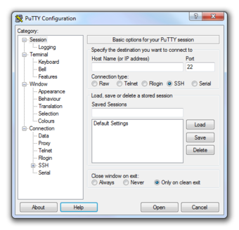 Zrzut ekranu przedstawia okno dialogowe PuTTY Configuration.  Po lewej stronie znajduje się menu zawierające opcje: 1. Session, 1.1 Logging, 2. Terminal, 2.1 Keyboard, 2.2 Bell, 2.3 Features, 3.Window, 3.1 Appearance, 3.2 Behaviour, 3.3Translation, 3.4 Selection, 3.5 Colours, 4 Connetion, 4.1 Data, 4.2 Proxy, 4.3 Telnet, 4.4 Rlogin, 4.5 SSH, 4.6 Serial.  Po prawej stronie znajduje się pola do konfiguracji PuTTY.  Pola takie jak: Host Name, Port, Connection type, Saved Sessions, Close widnows on exit, oraz przyciski: Load, Save, Delete, About, Help, Open, Cancel.