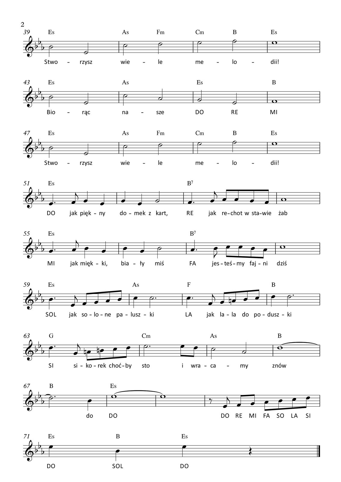 Grafika przedstawia partyturę utworu „Do‑Re‑Mi” z muzyką autorstwa kompozytora Richarda Rodgersa oraz tekstem autorstwa Oscara Hammersteina II; utwór jest napisany w metrum cztery czwarte, w tonacji Es‑dur. Partytura ma dwie strony, na których zapisano siedemdziesiąt jeden taktów. Melodię zapisano w kluczu wiolinowym, a pod nutami zanotowano tekst. Wszystkie dźwięki należą do oktaw razkreślnej lub dwukreślnej. To jest opis drugiej strony partytury.
W takcie trzydziestym dziewiątym na pierwsze dwie miary śpiewana jest półnuta b, na miary trzecią oraz czwartą półnuta es. Nad taktem zapisano akord Es‑dur. W takcie czterdziestym na pierwsze dwie miary śpiewana jest półnuta c, natomiast na miary trzecią oraz czwartą półnuta d. Nad taktem zapisano akordy: As‑dur na pierwsze dwie miary oraz f‑moll na miary trzecią oraz czwartą. W takcie czterdziestym pierwszym na pierwsze dwie miary śpiewana jest półnuta es, natomiast na miary trzecią oraz czwartą półnuta f. Nad taktem zapisano akordy: c‑moll na pierwsze dwie miary oraz B‑dur na miary trzecią oraz czwartą. W takcie czterdziestym drugim śpiewana jest wyłącznie cała nuta es. Nad taktem zapisano akord Es‑dur.
W czterdziestym trzecim takcie na pierwsze dwie miary śpiewana jest półnuta b, na miary trzecią oraz czwartą półnuta es. Nad taktem zapisano akord Es‑dur. W takcie czterdziestym czwartym na pierwsze dwie miary śpiewana jest półnuta c, natomiast na miary trzecią oraz czwartą półnuta as. Nad taktem zapisano akord As‑dur. W takcie czterdziestym piątym na pierwsze dwie miary śpiewana jest półnuta g, a na miary trzecią oraz czwartą półnuta es. Nad taktem zapisano akord Es‑dur. W takcie czterdziestym szóstym śpiewana jest cała nuta f. Nad taktem zapisano akord B‑dur.
W takcie czterdziestym siódmym na pierwsze dwie miary śpiewana jest półnuta b, na miary trzecią oraz czwartą półnuta es. Nad taktem zapisano akord Es‑dur. W takcie czterdziestym ósmym na pierwsze dwie miary śpiewana jest półnuta c, natomiast na miary trzecią oraz czwartą półnuta d. Nad taktem zapisano akordy: As‑dur na pierwsze dwie miary oraz f‑moll na miary trzecią oraz czwartą. W takcie czterdziestym dziewiątym na pierwsze dwie miary śpiewana jest półnuta es, natomiast na miary trzecią oraz czwartą półnuta f. Nad taktem zapisano akordy: c‑moll na pierwsze dwie miary oraz B‑dur na miary trzecią oraz czwartą. W takcie pięćdziesiątym śpiewana jest wyłącznie cała nuta es. Nad taktem zapisano akord Es‑dur.
W pięćdziesiątym pierwszym takcie na pierwszą miarę śpiewana jest ćwierćnuta z kropką es, dalej ósemka f, na miarę trzecią ćwierćnuta g, a na miarę czwartą ćwierćnuta es. Nad taktem zapisano akord Es‑dur. W pięćdziesiątym drugim takcie na pierwszą miarę śpiewana jest ćwierćnuta g, na miarę drugą ćwierćnuta es, a na miary trzecią oraz czwartą półnuta g. Nad taktem zapisano akord Es‑dur. W pięćdziesiątym trzecim takcie na pierwszą miarę śpiewana jest ćwierćnuta z kropką f, dalej ósemka g, na miarę trzecią dwie ósemki as, a na miarę czwartą ósemki g oraz f. Nad taktem zapisano akord: dominantę septymową B. W pięćdziesiątym czwartym takcie śpiewana jest cała nuta as. Nad taktem zapisano akord: dominantę septymową B.
W pięćdziesiątym piątym takcie na pierwszą miarę śpiewana jest ćwierćnuta z kropką g, dalej ósemka as, na miarę trzecią ćwierćnuta b, a na czwartą miarę ćwierćnuta g. Nad taktem zapisano akord Es‑dur. W takcie pięćdziesiątym szóstym na pierwszą miarę śpiewana jest ćwierćnuta b, na miarę drugą ćwierćnuta g, natomiast na miary trzecią oraz czwartą półnuta b. Nad taktem zapisano akord Es‑dur. W takcie pięćdziesiątym siódmym na pierwszą miarę śpiewana jest ćwierćnuta z kropką as, dalej ósemka b, na miarę trzecią dwie ósemki c, a na miarę czwartą ósemki b oraz as. Nad taktem zapisano akord: dominantę septymową B. W pięćdziesiątym ósmym takcie śpiewana jest cała nuta c. Nad taktem zapisano akord: dominantę septymową B.
W pięćdziesiątym dziewiątym takcie na pierwszą miarę śpiewana jest ćwierćnuta z kropką b, dalej ósemka es, na miarę trzecią ósemki f oraz g, a na miarę czwartą ósemki as oraz b. Nad taktem zapisano akord Es‑dur. W takcie sześćdziesiątym na pierwszą miarę śpiewana jest ćwierćnuta c, a na miary od drugiej do czwartej włącznie półnuta z kropką c. Nad taktem zapisano akord As‑dur. W takcie sześćdziesiątym pierwszym na pierwszą miarę śpiewana jest ćwierćnuta z kropką c, dalej ósemka f, na miarę trzecią ósemki g oraz a, a na miarę czwartą ósemki b oraz c. Nad taktem zapisano akord F‑dur. W sześćdziesiątym drugim takcie na pierwszą miarę śpiewana jest ćwierćnuta d, natomiast na miary od drugiej do czwartej włącznie półnuta z kropką d. Nad taktem zapisano akord B‑dur.
W takcie sześćdziesiątym trzecim na pierwszą miarę śpiewana jest ćwierćnuta z kropką d, dalej ósemka g, na miarę trzecią ósemki a oraz h, a na miarę czwartą ósemki c oraz d. Nad taktem zapisano akord G‑dur. W sześćdziesiątym czwartym takcie na pierwsze trzy miary śpiewana jest półnuta z kropką es, a na miarę czwartą ósemki es oraz d. Nad taktem zapisano akord c‑moll. W takcie sześćdziesiątym piątym na pierwsze dwie miary śpiewana jest półnuta c, a na miary trzecią oraz czwartą półnuta as. Nad taktem zapisano akord As‑dur. W sześćdziesiątym szóstym takcie śpiewana jest wyłącznie cała nuta d, przedłużona do kolejnego taktu. Nad taktem zapisano akord B‑dur.
W sześćdziesiątym siódmym takcie na pierwsze trzy miary zapisano półnutę z kropką d, przedłużoną z poprzedniego taktu. Na miarę czwartą śpiewana jest ćwierćnuta b. Nad taktem zapisano akord B‑dur. W takcie sześćdziesiątym ósmym śpiewana jest cała nuta es, przedłużona do kolejnego taktu. Nad taktem zapisano akord Es‑dur. W takcie sześćdziesiątym dziewiątym zapisano wyłącznie całą nutę es, przedłużoną z taktu poprzedniego. Nad taktem zapisano akord Es‑dur. W siedemdziesiątym takcie na pierwszą miarę zapisano pauzę ósemkową oraz ósemkę es, na miarę drugą ósemki f oraz g, na trzecią miarę ósemki as oraz b, natomiast na miarę czwartą ósemki c oraz d.
W ostatnim, siedemdziesiątym pierwszym takcie na pierwszą miarę śpiewana jest ćwierćnuta es, na miarę drugą ćwierćnuta b, natomiast na miarę trzecią ponownie ćwierćnuta es. Na czwartą miarę zaznaczono pauzę ćwierćnutową. Nad taktem zapisano akordy: Es‑dur na pierwszą miarę, B‑dur na miarę drugą oraz ponownie Es‑dur na miarę trzecią.
