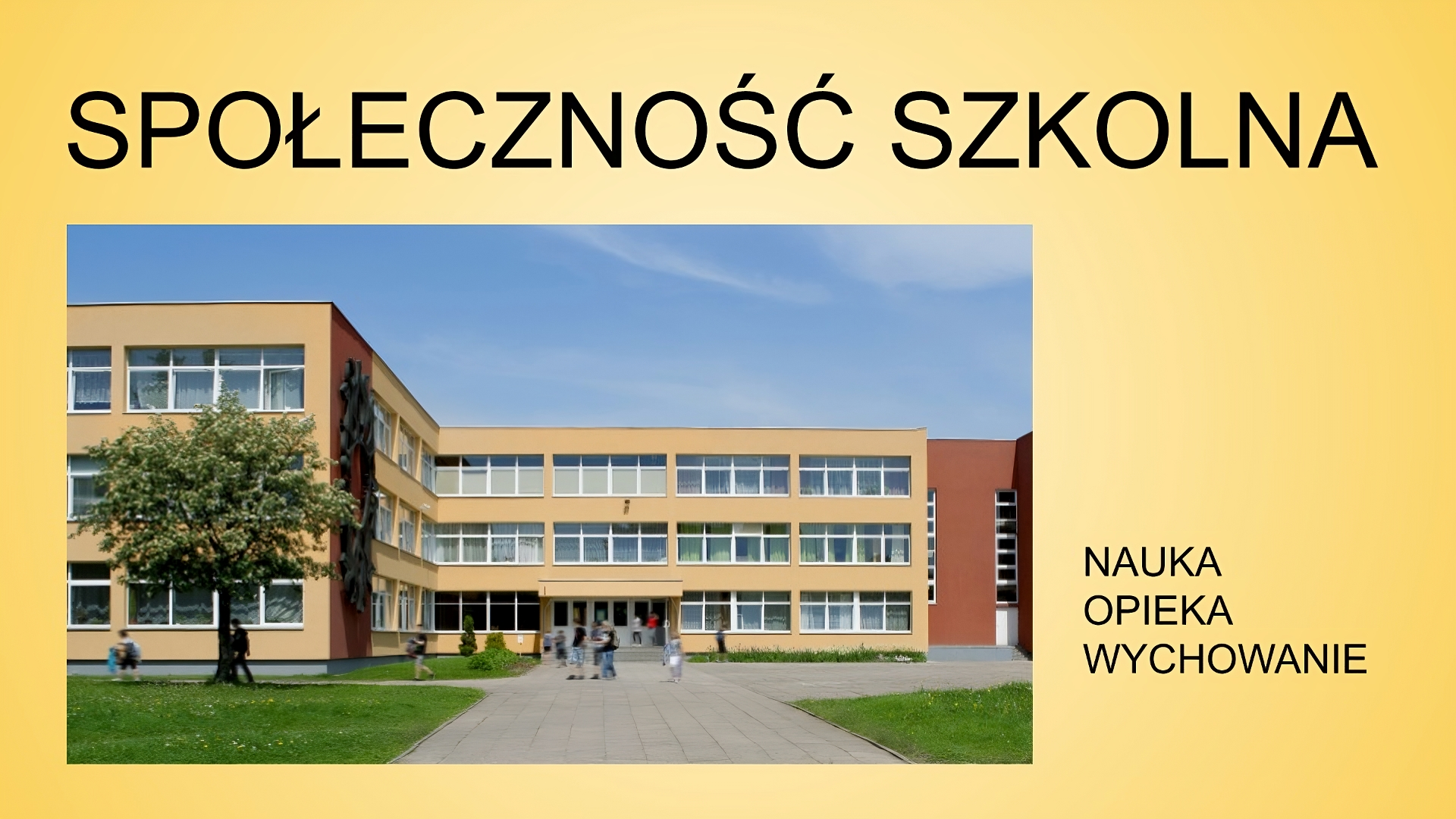 Slajd tytułowy: Społeczność szkolna. Treść tekstowa slajdu: nauka, opieka, wychowanie. Po lewej stronie slajdu na zdjęciu ukazany jest budynek trzykondygnacyjny, do którego prowadzi szeroki chodnik. 
