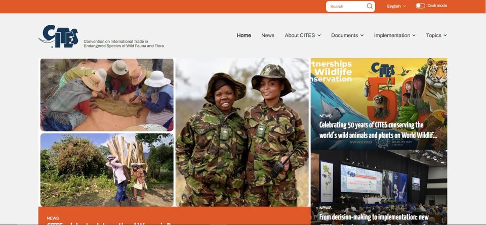 Ilustracja przedstawia zrzut ekranu strony głównej CITES w języku angielskim. U góry z lewej logo złożone z granatowych liter układających się w napis CITES, na środku znajduje się pięć fotografii, przedstawiających ludzi związanych z CITES w trakcie różnych działań terenowych i konferencji. 