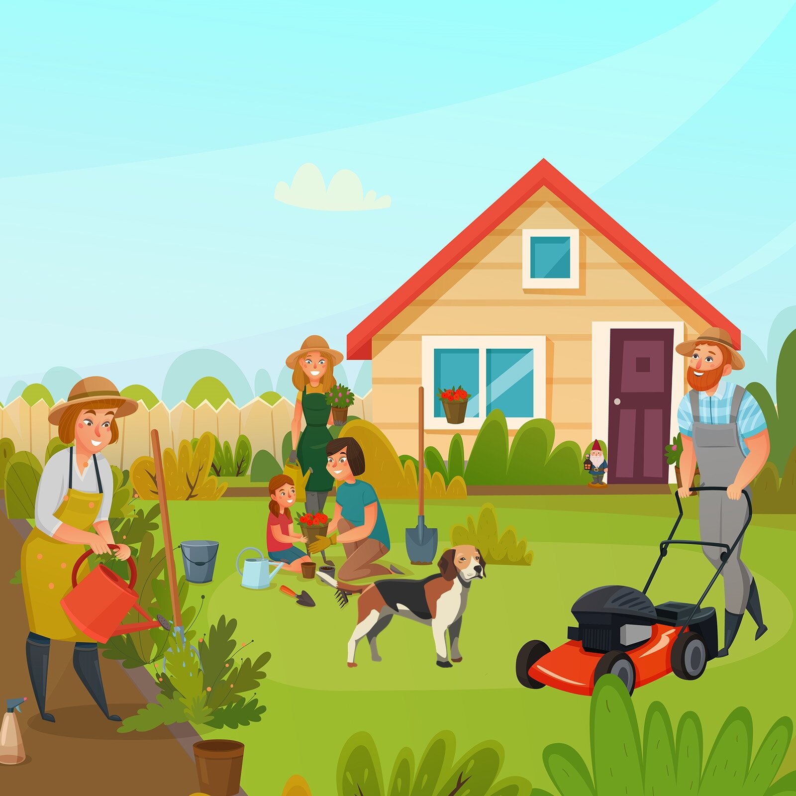 Ilustracja przedstawia rodzinę, która wykonuje różne czynności w ogrodzie przydomowym. Widoczny jest pan koszący trawę i pani podlewająca rośliny konewką z wodą. Po środku obrazka widoczny pies oraz kobieta i dziewczynka sadzące kwiat do donicy.