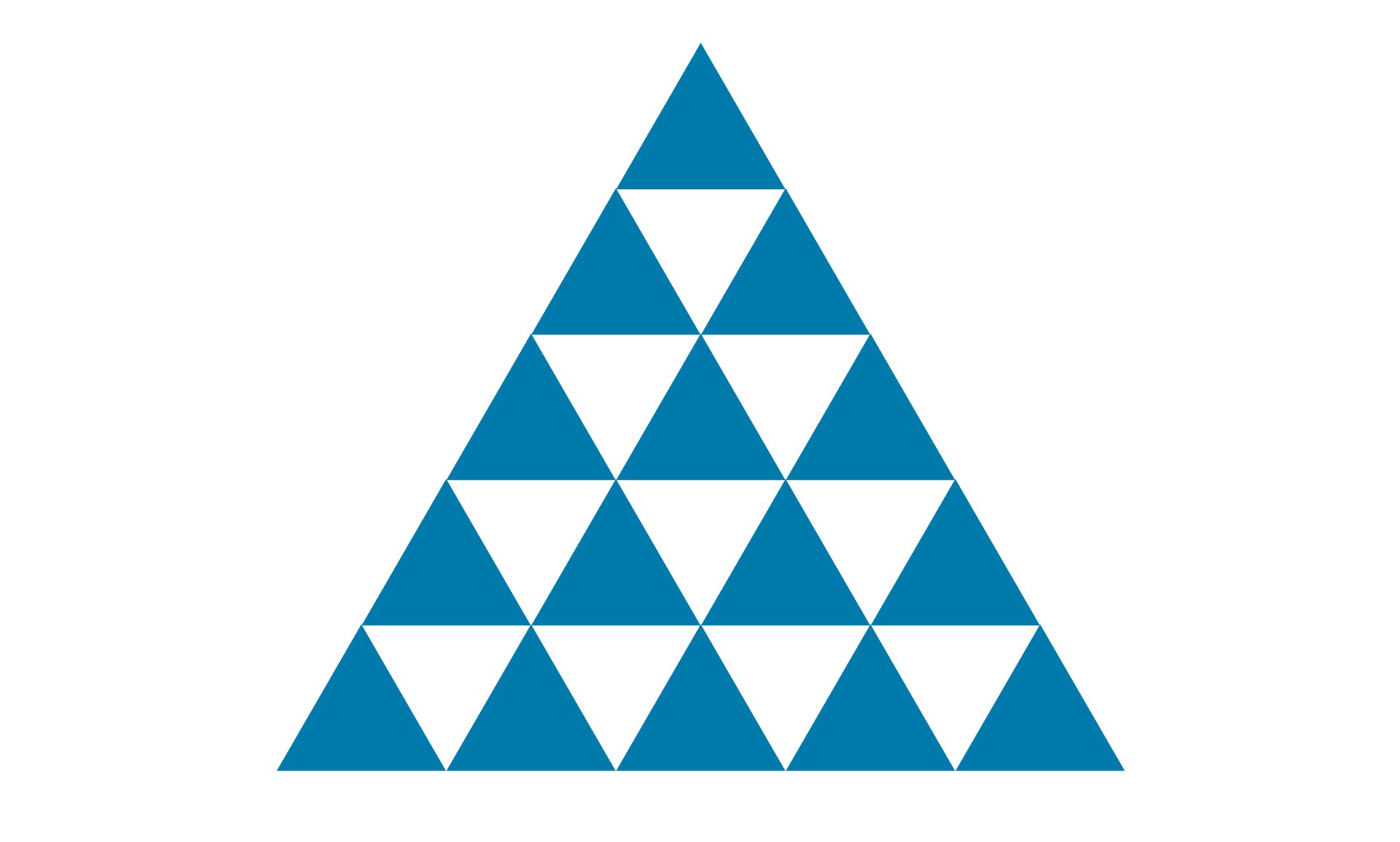 Rysunek trójkątnej wieży zbudowanej z piętnastu małych trójkątów. Pierwszy od góry rząd składa się z jednego trójkąta, drugi rząd składa się z dwóch trójkątów, trzeci rząd składa się z trzech trójkątów, czwarty rząd składa się z czterech trójkątów i piąty rząd składa się z pięciu trójkątów.