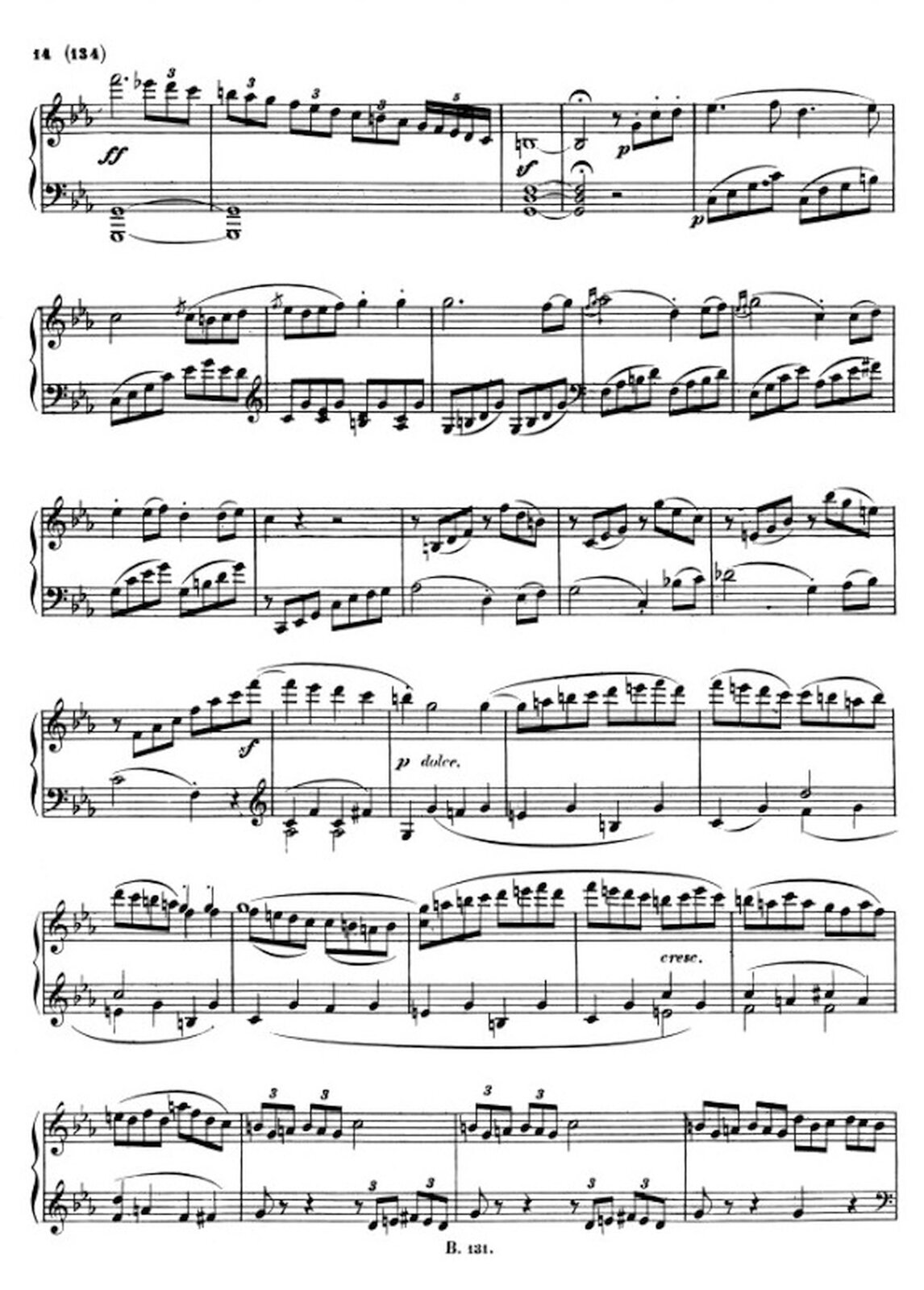 Zdjęcie przedstawia graficzny utwór muzyczny. Fotografia ukazuje czarną pięciolinię z nutami, na białej stronie utworu Ludwig van Beethoven – „Sonata fortepianowa c‑moll” opus 13 „Patetyczna”, część III.