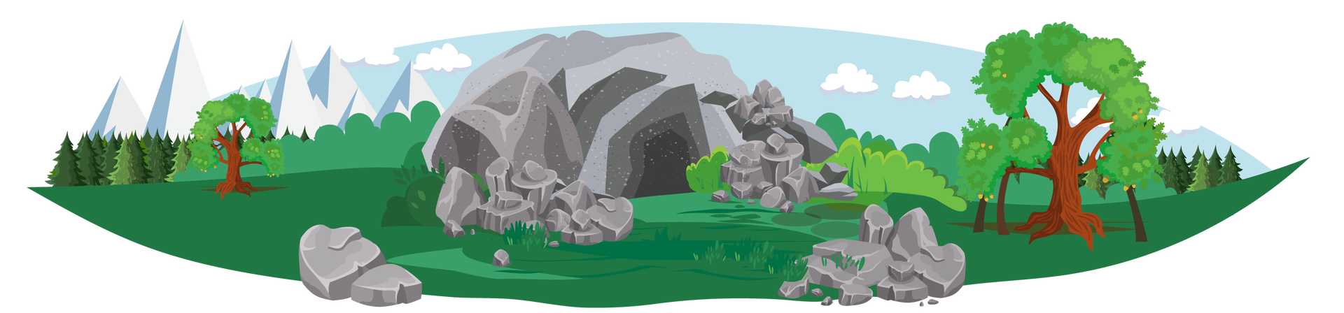 Ilustracja przedstawia krajobraz górski. W tle widać wysokie góry oraz błękitne niebo ze słońcem i chmurami. Na pierwszym planie jest zielona polana, na której rosną zielone krzewy i pojedyncze drzewa liściaste. Po prawej stronie stoi dąb Bartek. Na środku znajduje się jaskinia. Obok wejścia do jaskini leży kilka stert szarych kamieni. Na drugim planie widać las iglasty.