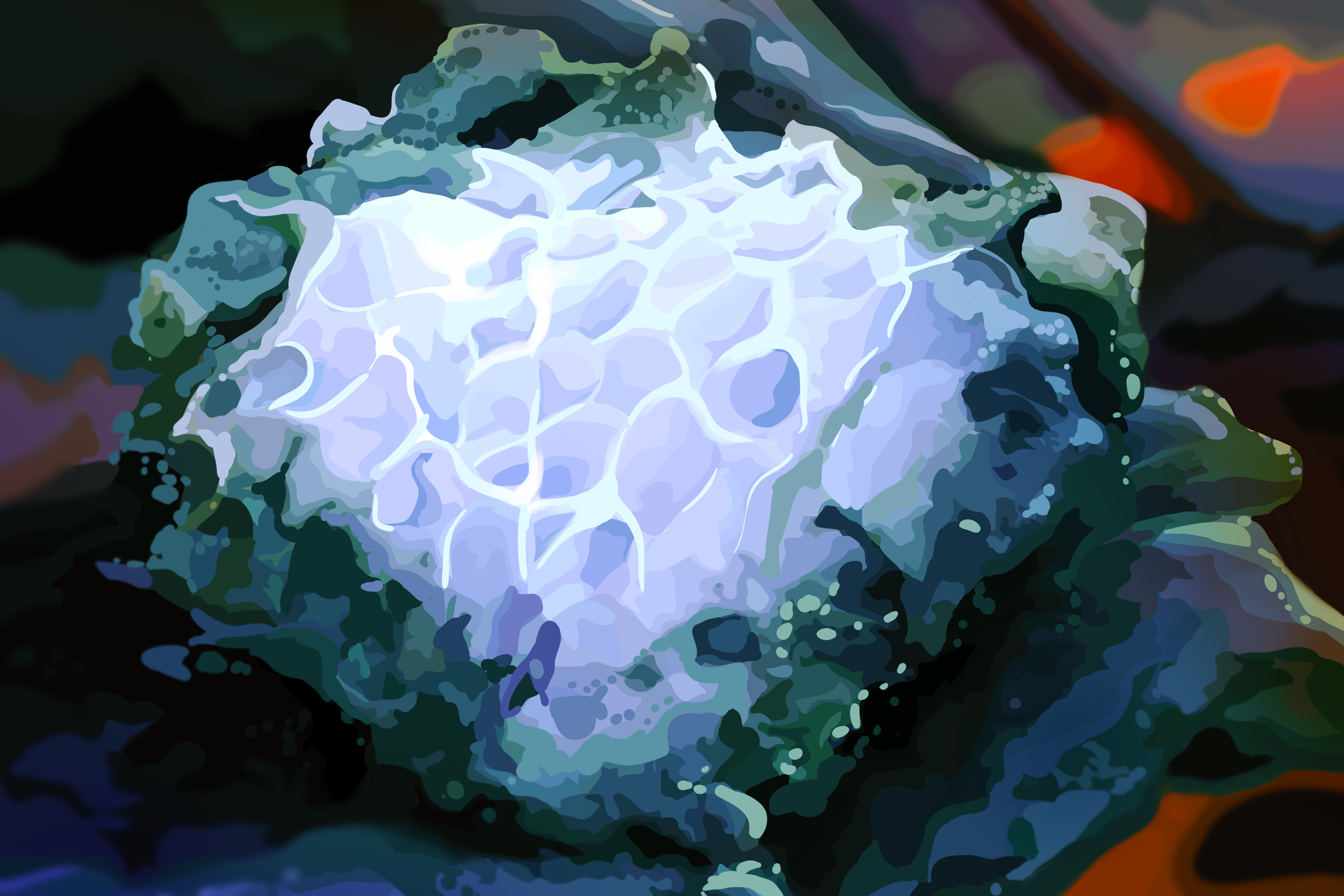 Ilustracja przedstawia malowidło wykonane na bazie fotografii wydobytego z morza klatratu metanu. Substancja biała o nieregularnej budowie kojarzącej się nieco z plastrem miodu z uwagi na komórkową strukturę. Rozmiar bryły około 15 centymetrów średnicy, jest trzymana w dłoniach pokrytych mułem, podobnie jak dolna część bryły.