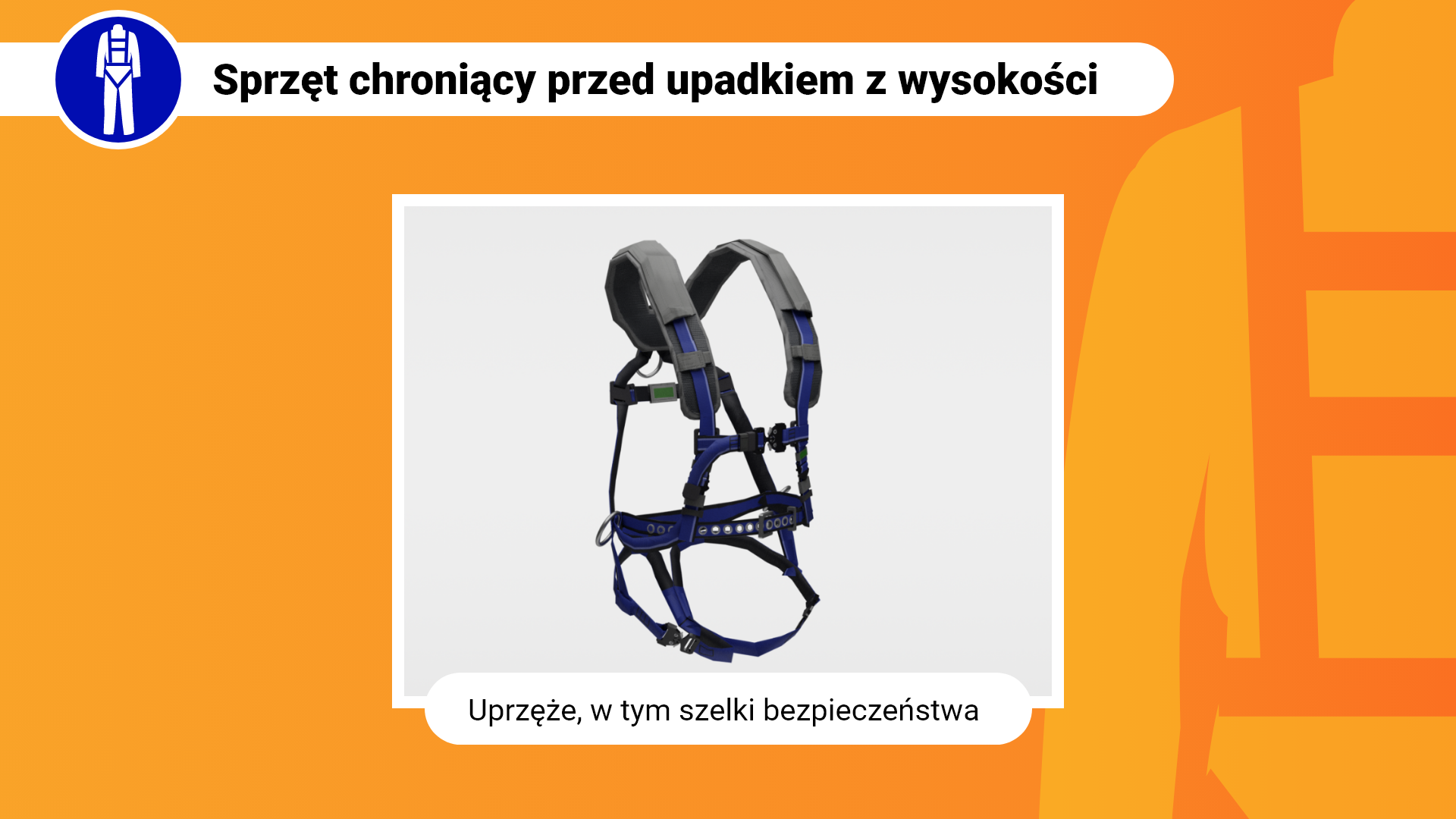 Zdjęcie w ramce z podpisem: uprzęże, w tym szelki bezpieczeństwa. Przedstawia uprząż zakładaną na tułów. Uprząż składa się z licznych, regulowanych pasków wraz z zapięciami.