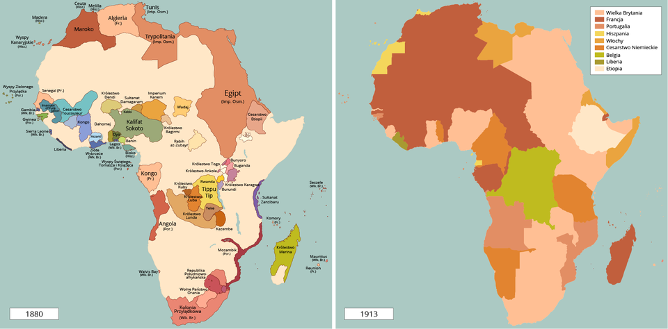 Dwie mapy przedstawiają Afrykę. Pierwsza to Afryka w 1880 roku. Na północy znajdowało się Maroko, Algieria Francji, Trypolitania Imperium Osmańskiego i Egipt Imperium Osmańskiego. W środkowej części od lewej strony znajdowały się Senegal Francji, Gambia Wielkiej Brytanii, Gwinea Portugalii, Sierra Leone Wielkiej Brytanii, Kongo, Królestwo Dendi, Kalifat Sokoto, Lagos Wielkiej Brytanii, Bioko Hiszpanii, Wadaj, Królestwo Bagirmi, Cesarstwo Etiopii. W środkowej części od lewej strony było Kongo Francji, Angola Portugalii, Królestwo Lunda, Królestwo Kuby, Królestwo Luba, Burundi, Buganda, Sułtanat Zanzibaru. Na południu Afryki była Kolonia Przylądkowa Wielkiej Brytanii, Wolne Państwo Orania, Republika Południowo afrykańska, Mozambik Portugalii, Królestwo Merina na Madagaskarze. Druga mapa przedstawia Afrykę w 1913 roku. Tereny Wielkiej Brytanii obejmowały Egipt, Sudan, Kenię, RPA, Botswany, Zambii, Zimbabwe. Tereny Francji obejmowały północny zachód. Tereny Portugalii obejmowały Angolę i Mozambik. Teren Hiszpanii obejmowały Zachodnią Saharę. Tereny Włoch obejmowały Libię, Somalię. Tereny Cesarstwa Niemieckiego obejmowały Kamerun, Tanzanię, Namibię. Tereny Belgii obejmowały Demokratyczną Republikę Konga. Wolne tereny to były Liberia i Etiopia.