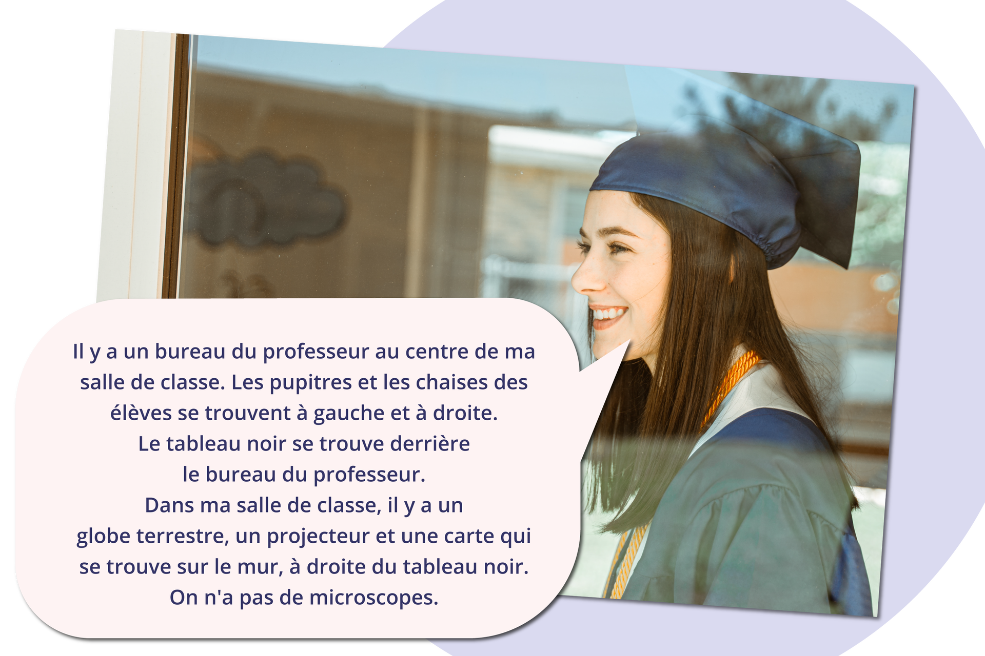 Grafika przedstawia nastolatkę w birecie, która się śmieje oraz dymek z tekstem: Il y a un bureau du professeur au centre de ma salle de classe. Les pupitres et les chaises des élèves se trouvent à gauche et à droite. Le tableau noir se trouve derrière le bureau du professeur. Dans ma salle de classe, il y a un globe terrestre, un projecteur et une carte qui se trouve sur le mur, à droite du tableau noir. On n'a pas de microscopes.