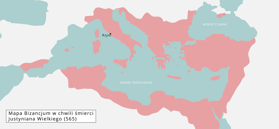 Ilustracja przedstawia mapę Bizancjum w chwili śmierci Justyniana Wielkiego w 565 roku. Teren okalający Morze Śródziemne po wschodniej jak i częściowo po zachodniej stronie, sięgający do Morza Czarnego. Ściślej teren północnej Afryki, Turcji, częściowo Rumuni, Bułgarii, Grecji, Włoch. 