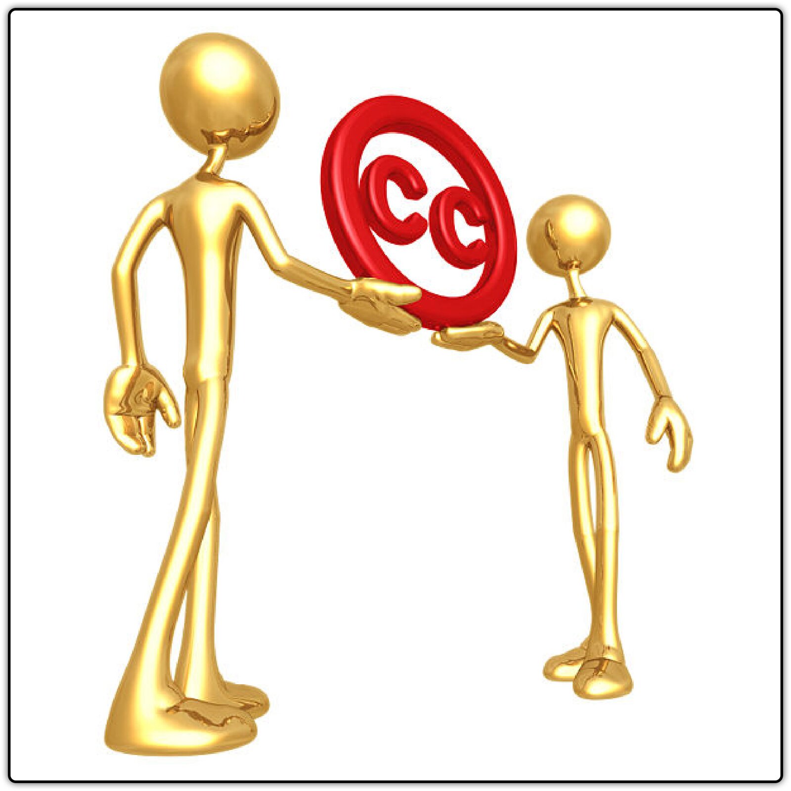 Ilustracja przedstawiająca znak wolnych licencji - okrąg w kolorze czerwonym, w którego środku znajdują się dwie czerwone litery C. Znak  trzymają na swoich prawych dłoniach dwa świetlistozłote ludziki bez twarzy. Jeden z nich jest większy, bo znajduje się na pierwszym planie ilustracji, a drugi mniejszy.