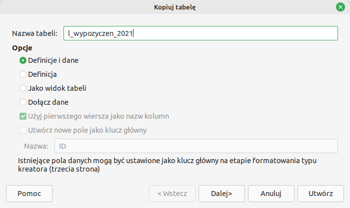 Na zdjęciu jest okno o nazwie Kopiuj tabelę. W polu Nazwa tabeli wpisano: l_wypozyczen_2021. W Opcjach zaznaczono: Definicje i dane. Na dole okna przyciski: Pomoc, Dalej, Anuluj, Utwórz.  