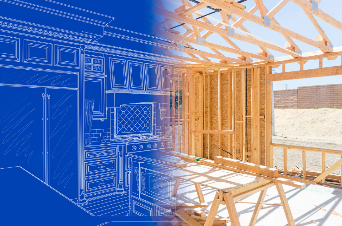 Ilustracja przedstawia z lewej strony projekt zabudowy wnętrza, z prawej - konstrukcję pod zabudowę, wykonaną według projektu.