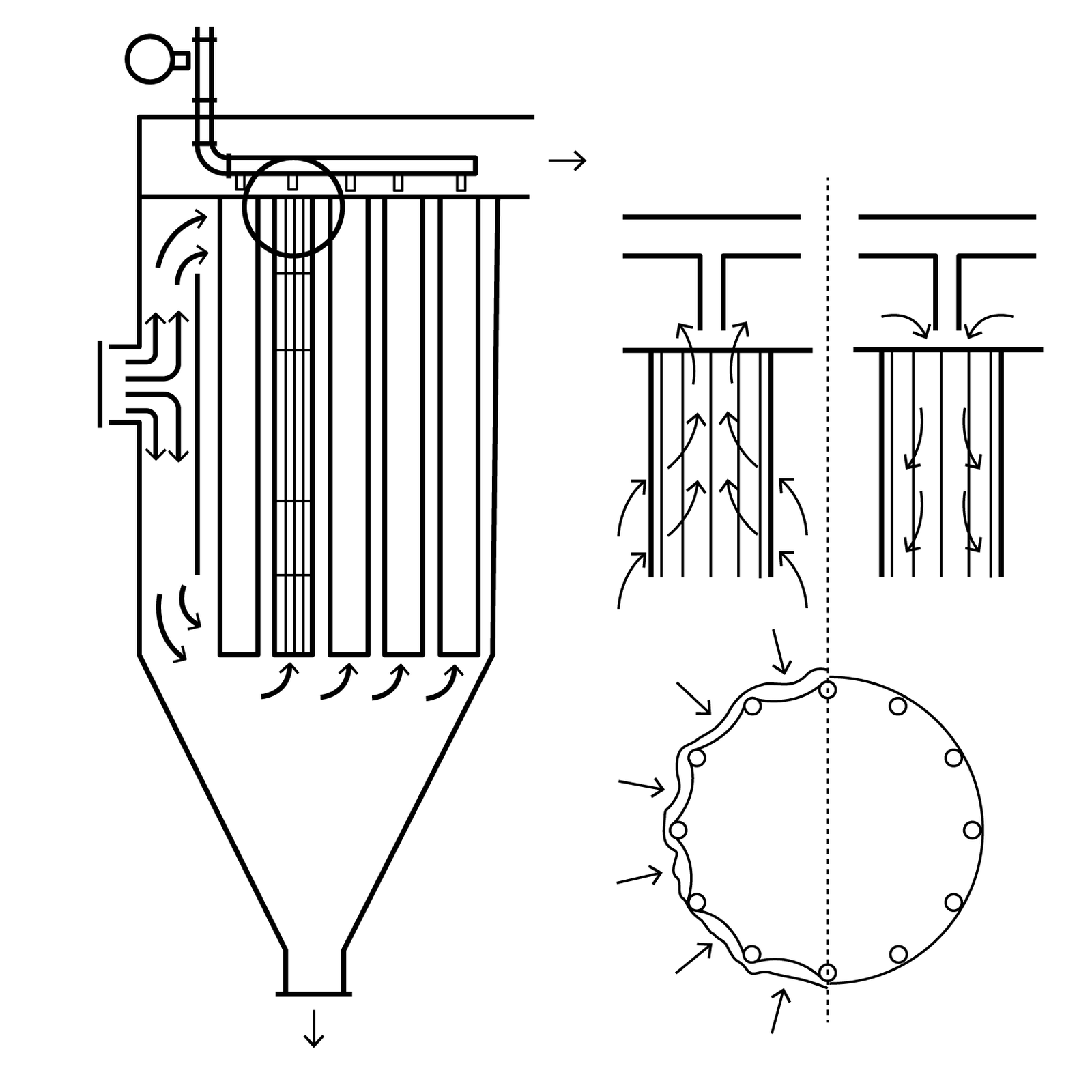 Rys. 2.10. Schemat odpylacza workowego: 1. wlot spalin; 2. płyta dystrybucji spalin; 3. zestaw filtracyjny (worek, kosz); 4. wylot oczyszczonych spalin; 5. lej pyłowy; 6. odprowadzenie pyłu; 7. zbiornik sprężonego powietrza; 8. membranowy zawór elektromagnetyczny; 9. strumień sprężonego powietrza; 10. dysza; 11. kosz; 12. tkanina filtracyjna