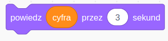 Ilustracja przedstawia jeden z bloków programu  Scratch z napisem powiedz cyfra przez trzy sekund.


