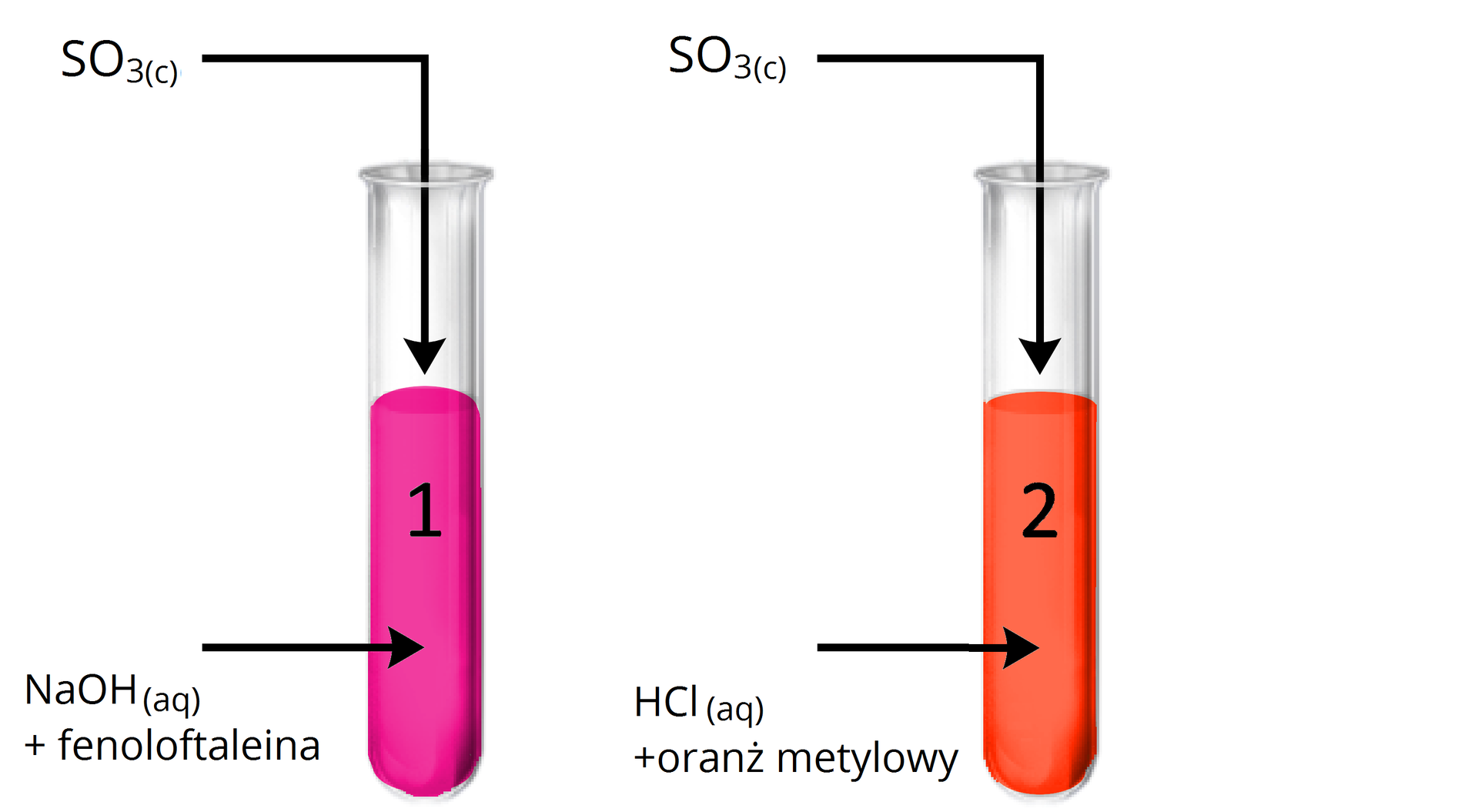 Grafika przedstawia dwie probówki z bezbarwną cieczą. Ciecz w pierwszej probówce, oznaczona cyfrą jeden, jest wskazana strzałką z podpisem: Na O H plus fenoloftaleina. Druga strzałka wskazuje wlot probówki i wchodzi do jej wnętrza. Nad nią znajduje się podpis SO3c. Ciecz w drugiej probówce, oznaczona cyfrą dwa, jest wskazana strzałką z podpisem: H C l plus oranż metylowy. Druga strzałka wskazuje wlot probówki i wchodzi do jej wnętrza. Nad nią znajduje się podpis SO3c.