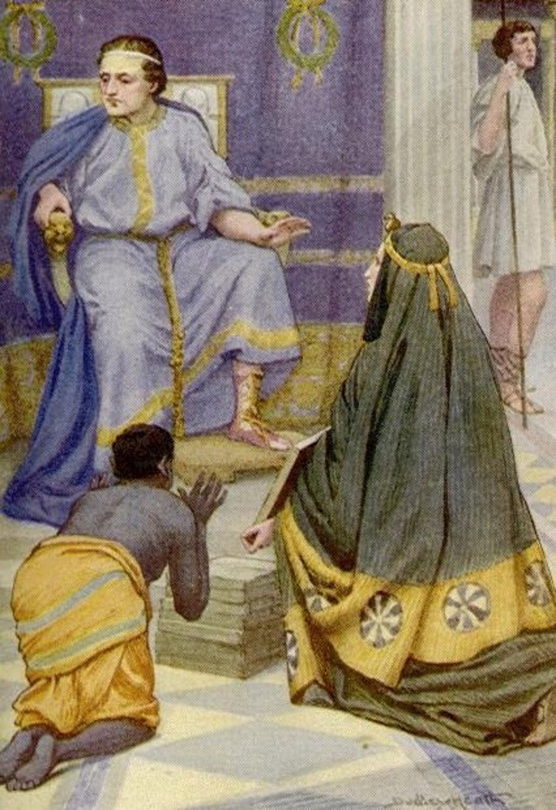 Ilustracja przedstawia obraz „Tarquinius Superbus otrzymuje książki od prorokini” autorstwa Mary MacGregor. Obraz ukazuje postać mężczyzny siedzącego na bogato zdobionym krześle. Postać odziana jest w błękitne szaty ze złotymi zdobieniami oraz niebieską pelerynę. Postać patrzy w lewo. Przed mężczyzną klęczą dwie postaci - kobieta i mężczyzna. Kobieta odziana jest w zielone szaty, w rękach trzyma obraz. Patrzy prosząco na mężczyznę. Obok kobiety widać ciemnoskórego sługę, który klęka i ma uniesione do góry dłonie. Kłania się władcy. W tle widoczna jest również postać mężczyzny trzymającego włócznię w prawej dłoni.