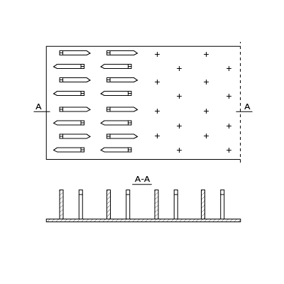 Rysunek przedstawia płytkę kolczastą jednostronną w rzucie z góry i z profilu.