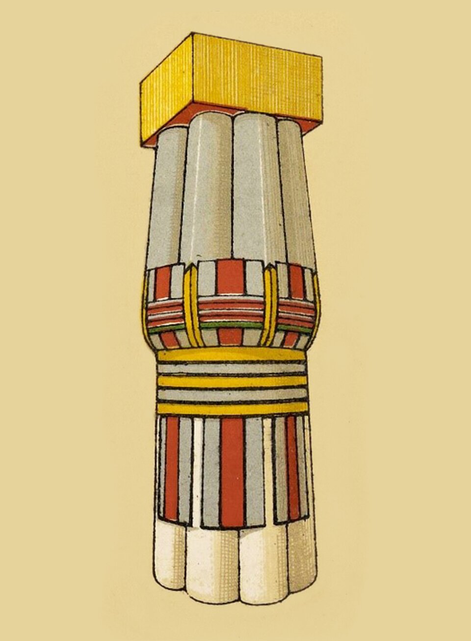 Ilustracja przedstawia głowicę kolumny w stylu lotosowym. Głowica swoim kształtem nawiązuje do kwiatu lotosu. Jest podzielona na cztery sekcje: od dołu - biało‑czerwono‑białe pionowe pasy, nad nimi żółto‑białe poziome pasy, następnie pionowe i poziome pasy czerwono‑żółto‑zielone (tworzące kratkę). Szczyt kolumny ma kolor żółty.