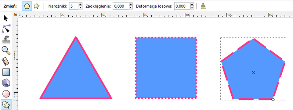 Zrzut ekranu przedstawia trzy figury geometryczne stworzone w programie Inkscapie. Figury te to trójkąt, kwadrat oraz pięciokąt. Na zrzucie zaznaczony został pięciokąt. W panelu górnym programu zaznaczony jest przycisk z pięciokątem, wartość narożników jest równa pięć, wartość zaokrągleń oraz deformacji losowej jest równa zero. W panelu bocznym znajdującym się po lewej stronie wybrany został przycisk przedstawiający gwiazdę nałożoną na pięciokąt.