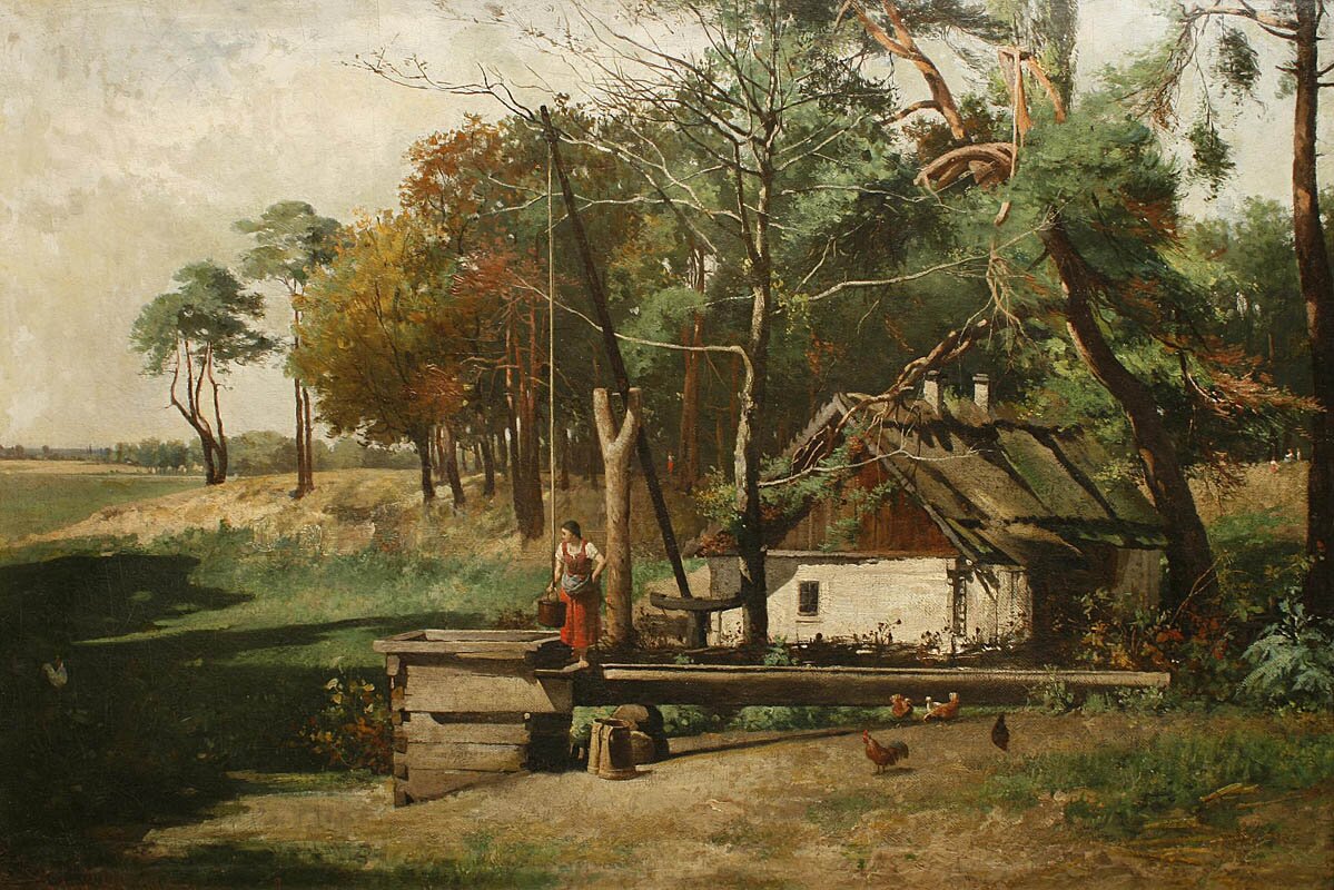 Kliknij, aby powiększyć. Na obrazie wiejska chata i studnia z żurawiem. Na pierwszym planie znajduje się studnia, przy której stoi kobieta w czerwonym fartuchu, trzymająca wiadro. Na podwórku pasą się kury. Na drugim planie, za kobietą, znajduje się wiejska chata z białymi ścianami i słomianym dachem. W tle widoczny jest liściasty las.