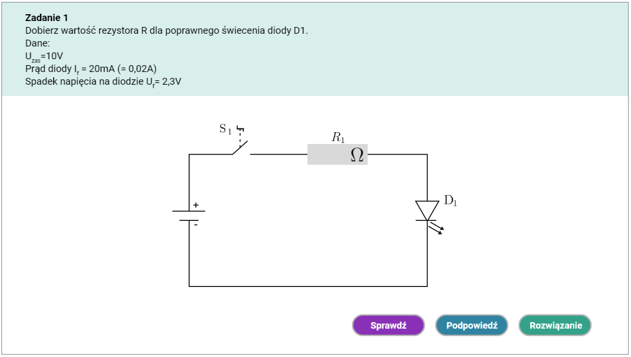 Na ekranie zadanie pierwsze. Polecenie dobierz wartość rezystora dla poprawnego świecenia diody zero jeden. Dane. U równe 10 woltów. Prąd diody i er równy dwadzieścia miliamperów. Spadek napięcia na diodzie u ef równe dwa przecinek trzy wolta.