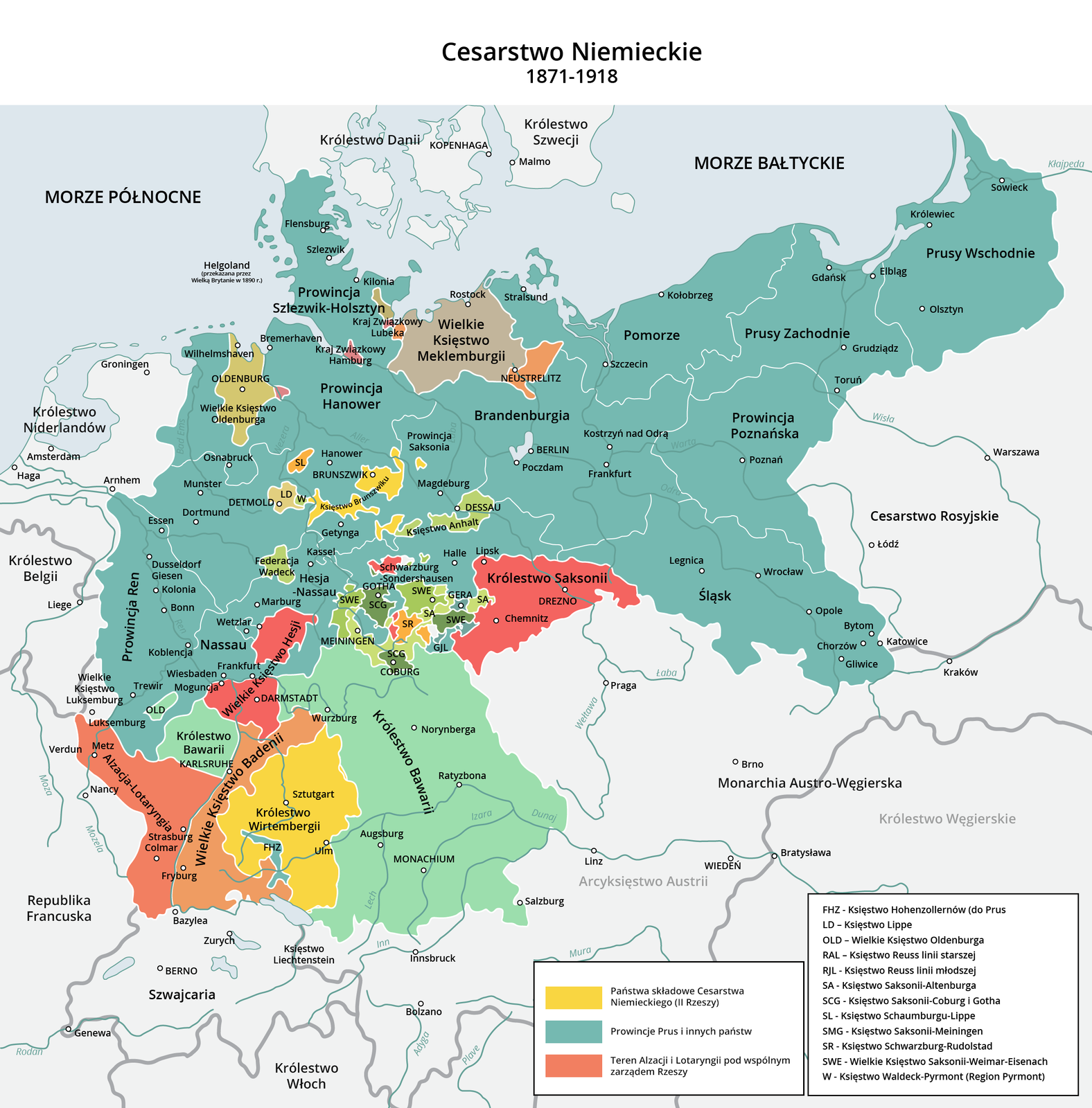 Mapa przedstawiająca Cesarstwo Niemieckie w latach 1871–1918. Na Cesarstwo Niemieckie składają się: Państwa składowe Cesarstwa Niemieckiego (II Rzweszy), Prowincje Prus i innych państw, Teren Alzacji i Lotaryngii pod wspólnym zarządem Rzeszy. Cesarstwo obejmuje tereny nad Morzem Bałtyckim oraz Morzem Północnym, tereny dzisiejszej Danii, Niemiec oraz Środkowej i Południowej Polski.