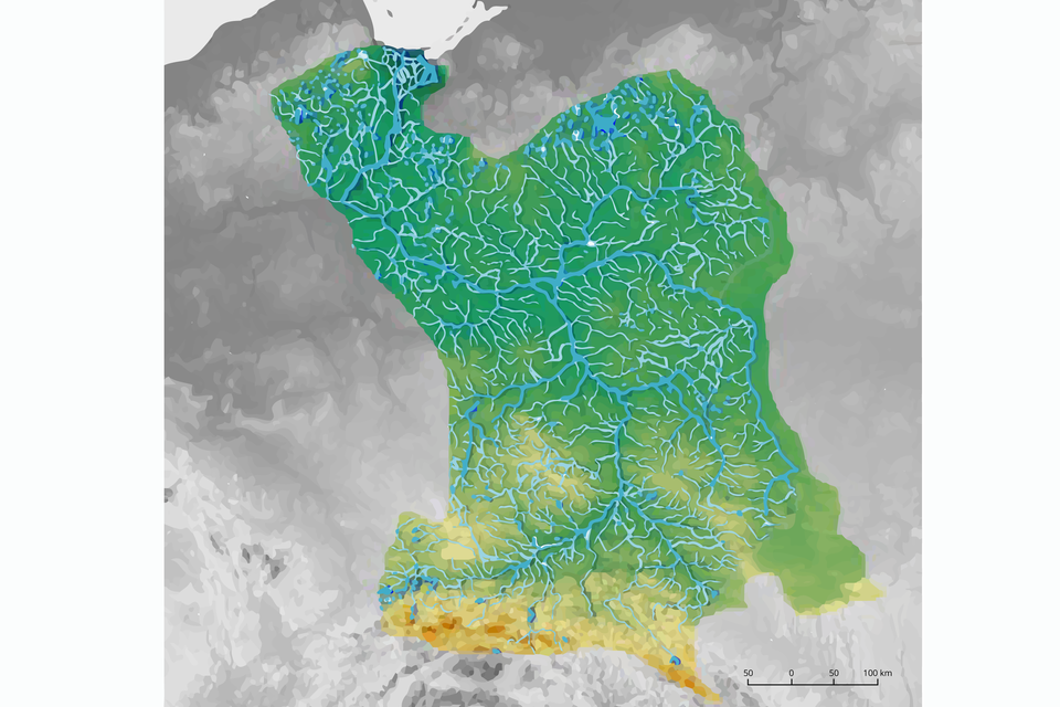 Mapa przedstawia dorzecze Wisły oznaczone kolorem zielonym i żółtym, a rzeka kolorem niebieskim. Obszar ten ciągnie się od pasma Karpat, aż do Morza Bałtyckiego. Centralną część tego terenu stanowi Wisła oznaczona grubą, nieregularną linią. Po prawej i lewej stronie zaznaczono rzeki należące do jej dorzecza tworzące skomplikowaną, rozgałęzioną sieć odnóg. Oznaczony teren jest niesymetryczny - po lewej stronie jest mniej rozległy niż po stronie prawej.
