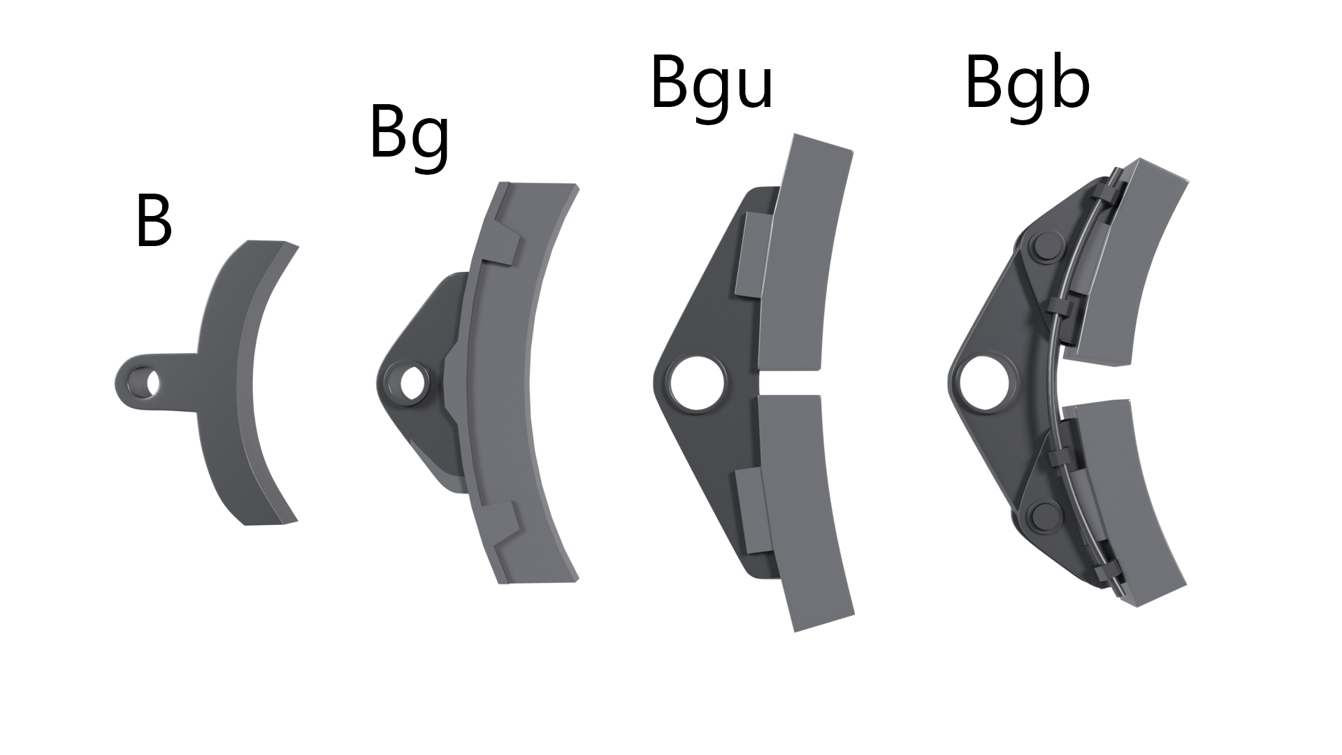 Ilustracja przedstawia 4 typy okładzin hamulcowych, pierwszy z nich to klocek pojedynczy niedzielony - B ma postać jednej, wąskiej i półokrągłej okładziny. Drugi z nich to klocek pojedynczy dzielony - Be gie ma ona postać jednej, grubszej i półokrągłej okładziny. Trzeci z nich to klocek dwustawowy –Be gie u ma ona postać dwóch okładzin, grubszej, i lekko zaokrąglonej. Czwarty z nich to klocek dwustawowe – Be gie be ma ona postać dwóch okładzin, grubszej, i bardzo mocno zaokrąglonych.