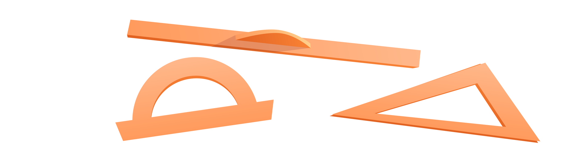 Ilustracja przedstawia trzy pomarańczowe przyrządy matematyczne ułożone obok siebie: kątomierz, linijkę i ekierkę. Kątomierz przypomina kształtem pół okręgu na podłużnej podstawie. Linijka to długa i szeroka linia. Ekierka ma kształt trójkąta.