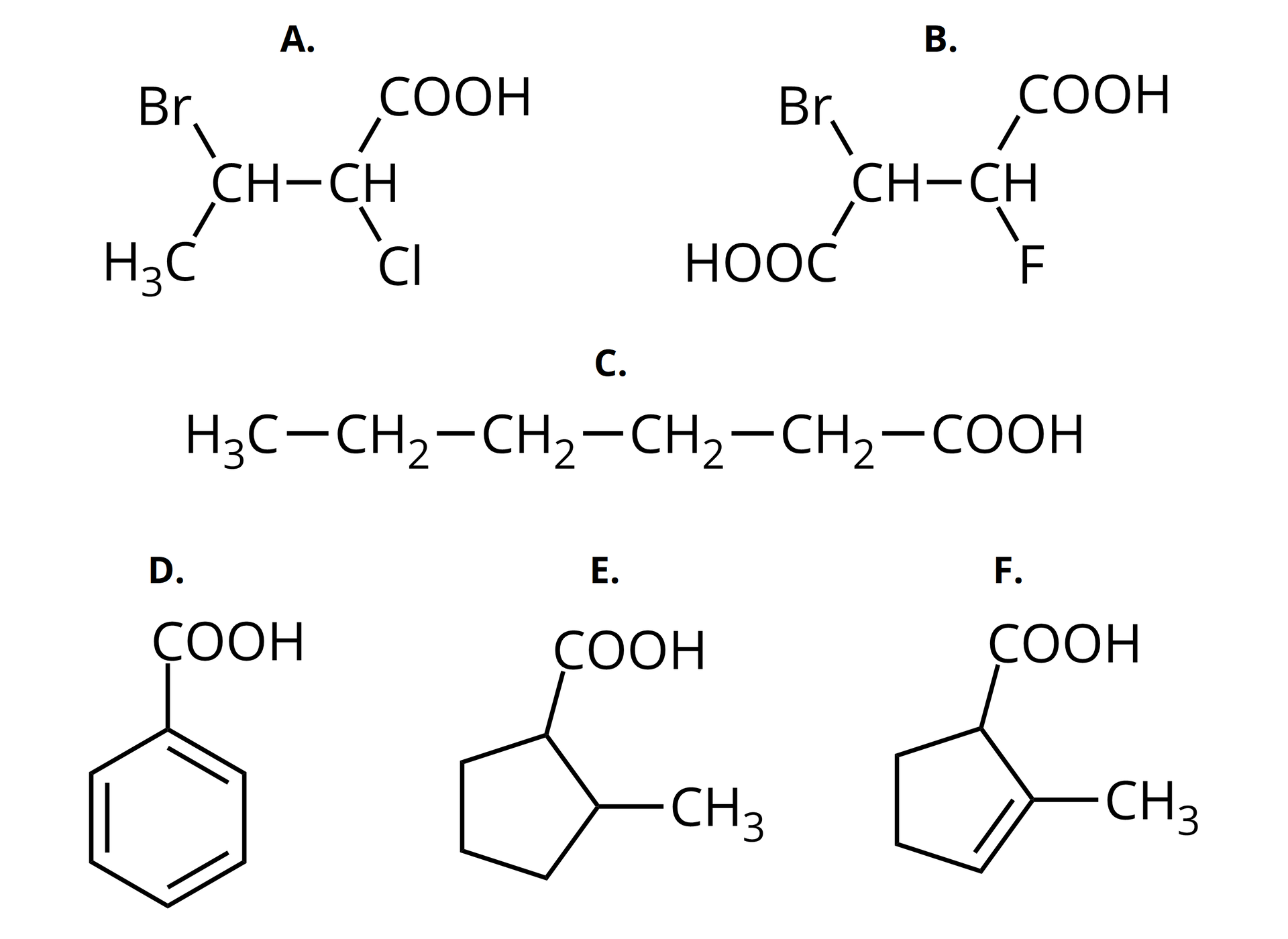 Ilustracja przedstawiająca sześć wzorów kwasów karboksylowych. Wzór kwasu karboksylowego A zbudowanego z grupy metylowej CH3 związanej z grupą CH podstawioną atomem bromu Br oraz drugą grupą CH związaną z atomem chloru Cl oraz grupą karboksylową COOH. Wzór kwasu karboksylowego B zbudowanego z grupy karboksylowej COOH związanej z grupą CH podstawioną atomem bromu Br oraz drugą grupą CH związaną z atomem fluoru F oraz grupą karboksylową COOH. Wzór kwasu karboksylowego C składającego się z grupy karboksylowej COOH związanej z pięciowęglowego łańcucha zbudowanego z czterech kolejno połączonych ze sobą grup metylenowych CH2, z których ostatnia podstawiona jest grupą metylową &lt;mathCH3. Wzór kwasu karboksylowego D składa się z sześcioczłonowego pierścienia aromatycznego podstawionego grupą karboksylową COOH. Wzór kwasu karboksylowego E zbudowanego z pięcioczłonowego pierścienia nasyconego, w którym jeden z atomów węgla podstawiony jest grupą karboksylową COOH, a węgiel sąsiadujący z nim grupą metylową CH3. Wzór kwasu karboksylowego F zbudowanego z pięcioczłonowego pierścienia nasyconego, w którym jeden z atomów węgla podstawiony jest grupą karboksylową COOH, a węgiel sąsiadujący z nim grupą metylową CH3. Cztery wiązania pomiędzy atomami węgla tworzącymi pierścień są wiązaniami pojedynczymi, a jedno znajdujące się pomiędzy węglem podstawionym grupą metylową i grupą CH w pierścieniu jest wiązaniem podwójnym.