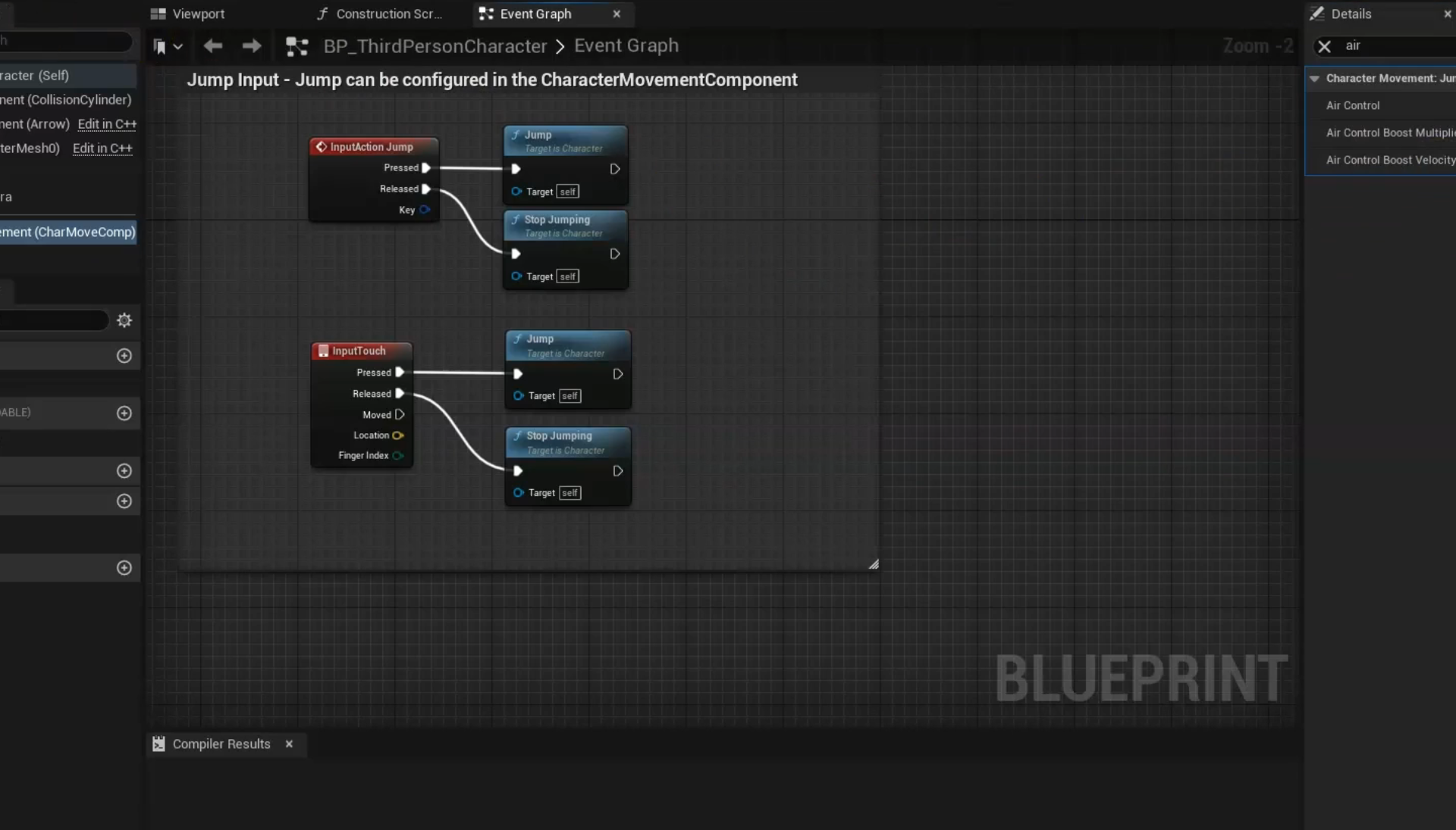 Fragment blueprintu postaci, w którym widoczne są funkcje odpowiedzialne za skok.