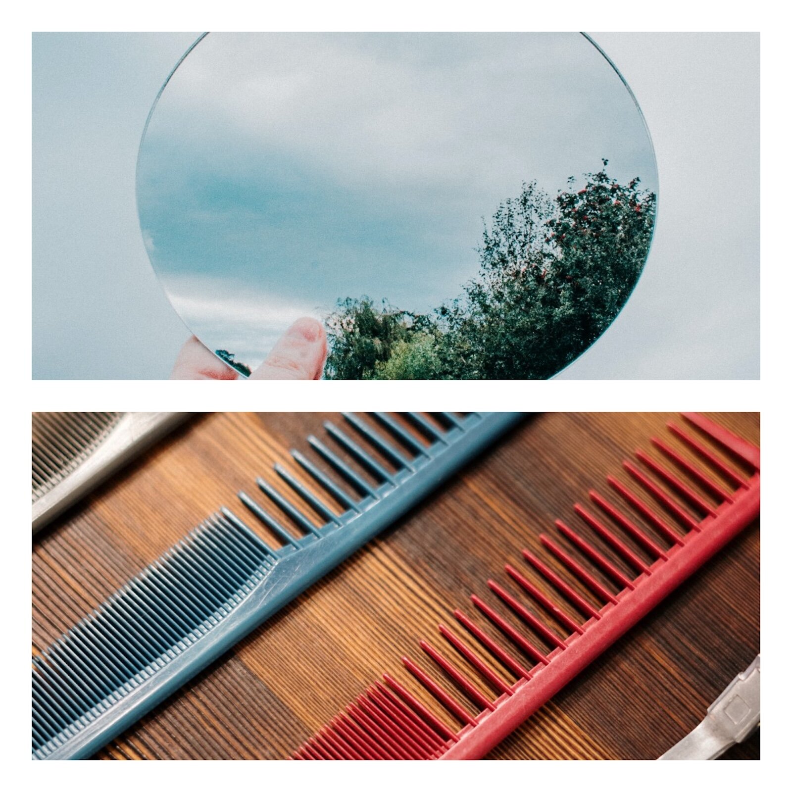 Ilustracja jest kolażem dwóch zdjęć. Na pierwszym znajduje się  małe lusterko, a na drugim zestaw trzech grzebieni.