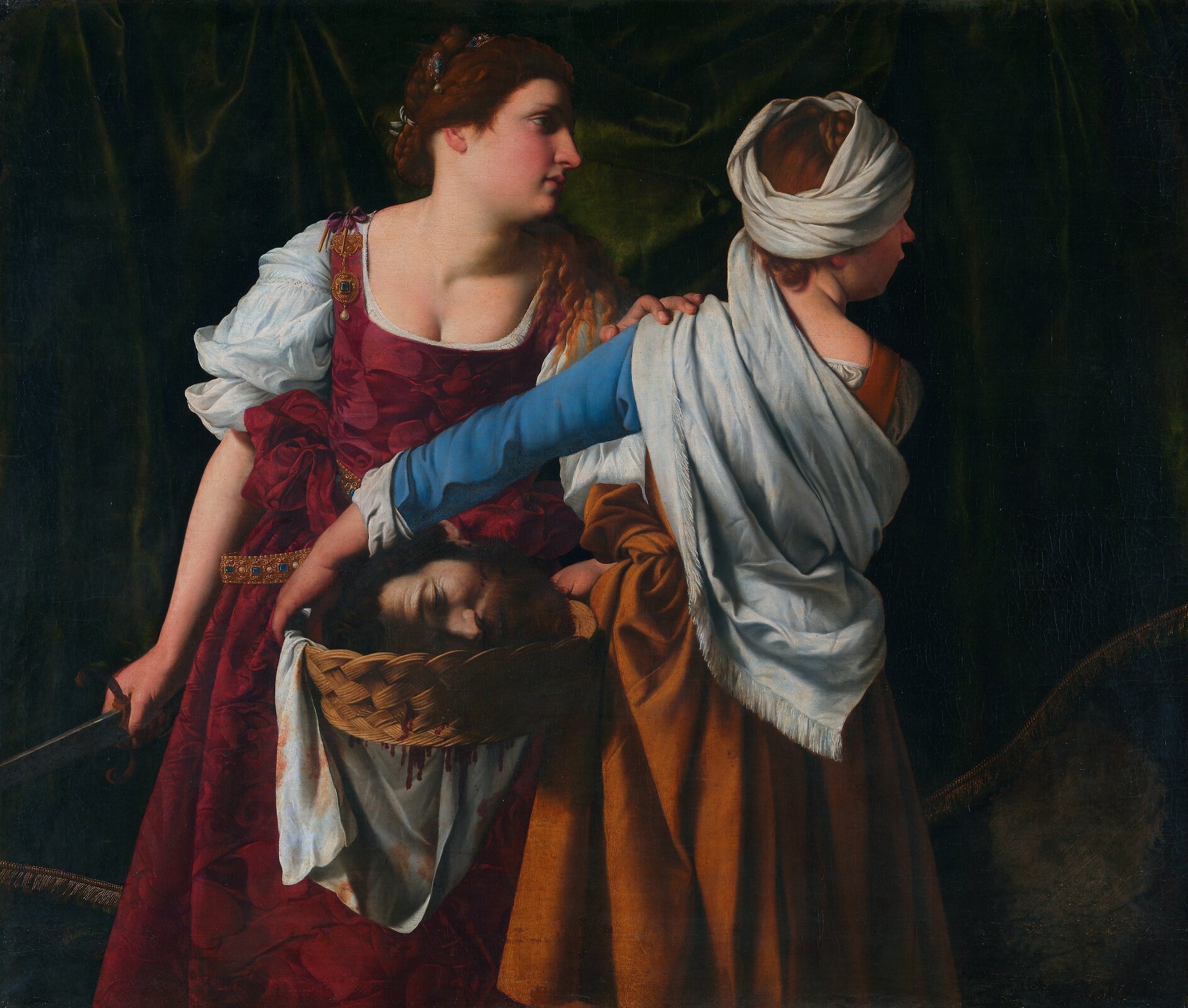 Ilustracja przedstawia obraz Orazio Gentileschi „Judyta i jej służąca z głową Holofernesa”. Ukazuje dwie młode kobiety. Jedna z nich trzyma kosz, w którym znajduje się odcięta męska głowa.