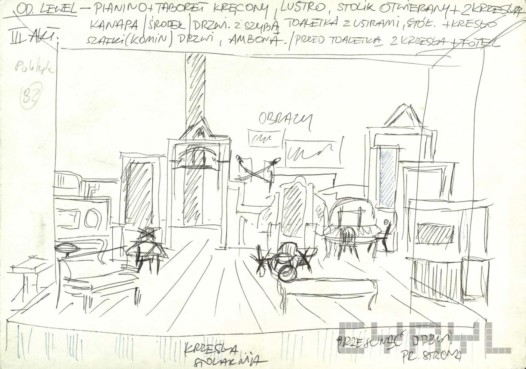 Ilustracja przedstawia szkic projektu scenografii do spektaklu „Świat się zmienia czyli Polityka” autorstwa Krystyny Kamler. Szkic przedstawia pomieszczenie z meblami. Nad szkicem znajduje się notatka z informacją o tym, jakie elementy są narysowane. Zaczynając od lewej jest to: pianino + taboret kręcony, lustro, stolik otwierany + dwa krzesła, kanapa (środek), drzwi z szybą, toaletka z lustrami, stół + krzesło, szafki (komin), drzwi, ambona. Przed toaletką 2 krzesła i fotel. Szkic wykonany jest czarnym narzędziem pisarskim na jasnej kartce.