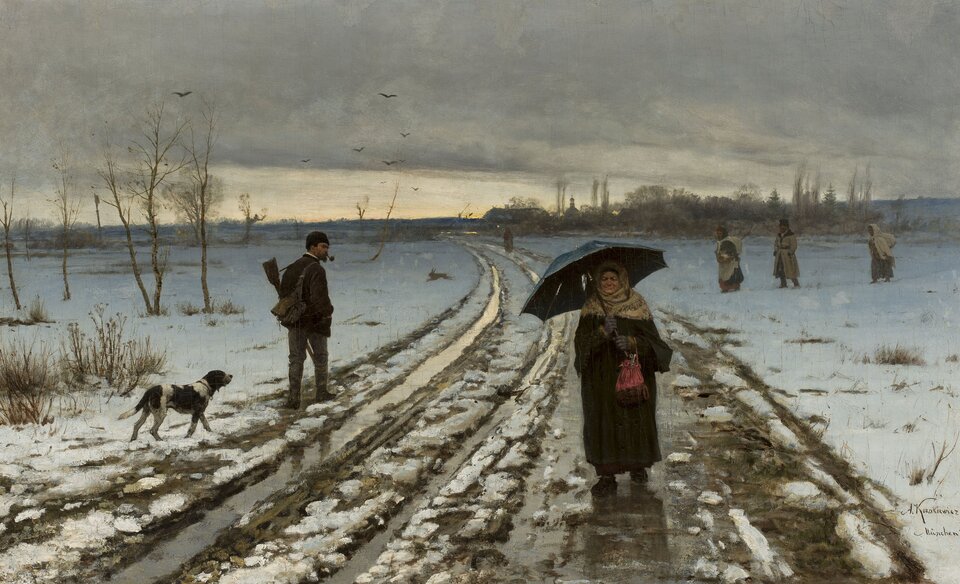 Obraz przedstawia zimowy pejzaż. Pośrodku ciągnie się wiejska, rozmokła droga z licznymi koleinami. Stoi na niej starsza kobieta. Jej twarz jest okrągła, pomarszczona. Ma otuloną chustą głowę. Jest ubrana w ciemny płaszcz, dłonie okryte rękawiczkami. Przez lewe przedramię ma przewieszoną torebkę. Oburącz trzyma dziurawy parasol. Lewą stroną drogi idzie mężczyzna. Ma owalną twarz. Jego brwi są krzaczaste. Podbródek porasta hiszpańska broda. W ustach trzyma fajkę. Na głowie ma futrzaną czapkę. Jest ubrany w kurtkę i spodnie. Na jego lewym ramieniu wisi strzelba. Na prawym wisi plecak. Mężczyzna odwraca się i spogląda na kobietę. Za nim podąża pies. Na drugim planie zając przebiega przez drogę. Zbliżają się do niej trzy postaci. Po obydwu stronach drogi jest pole pokryte śniegiem, na którym rosną  pojedyncze brzozy. W tle ciemne niebo, po którym lecą ptaki.