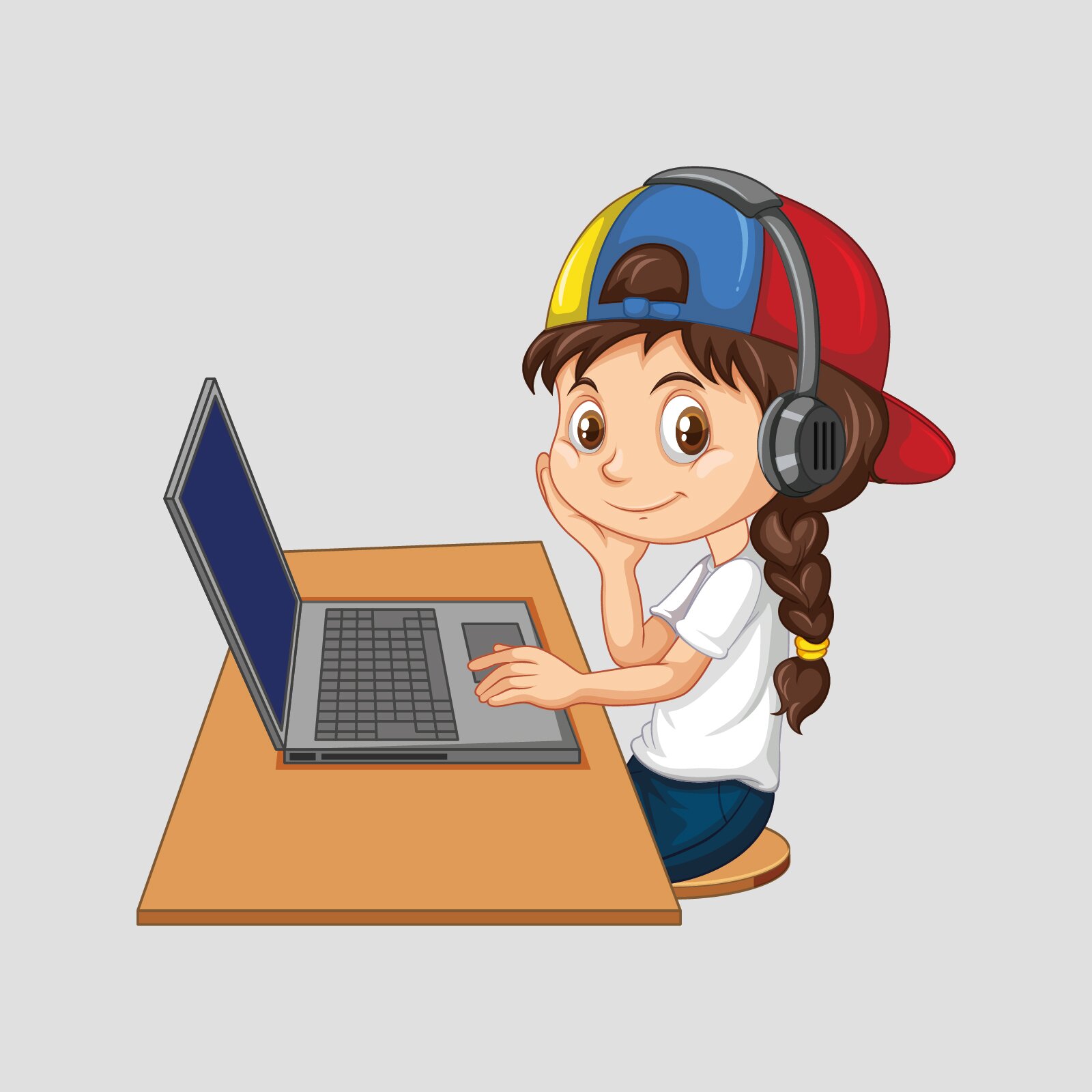 Ilustracja przedstawia dziewczynę o brązowym warkoczu, w kolorowej czapce z daszkiem, ubraną tył na przód. Na uszach ma słuchawki. Siedzi przed biurkiem, z ręka oparta o otwarty laptop.