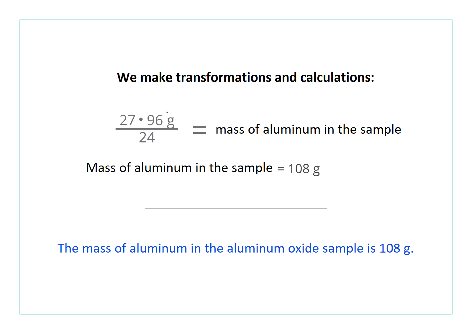 Ilustracja zawiera napis: We make transformations and calculations. W liczniku 27 multiply 96 gram, w mianowniku 24 is equal to mass of aluminium in the sample. Mass of aluminium in the sample is equal to 108 gram. The mass of aluminium in the aluminium oxide sample is 108 g.