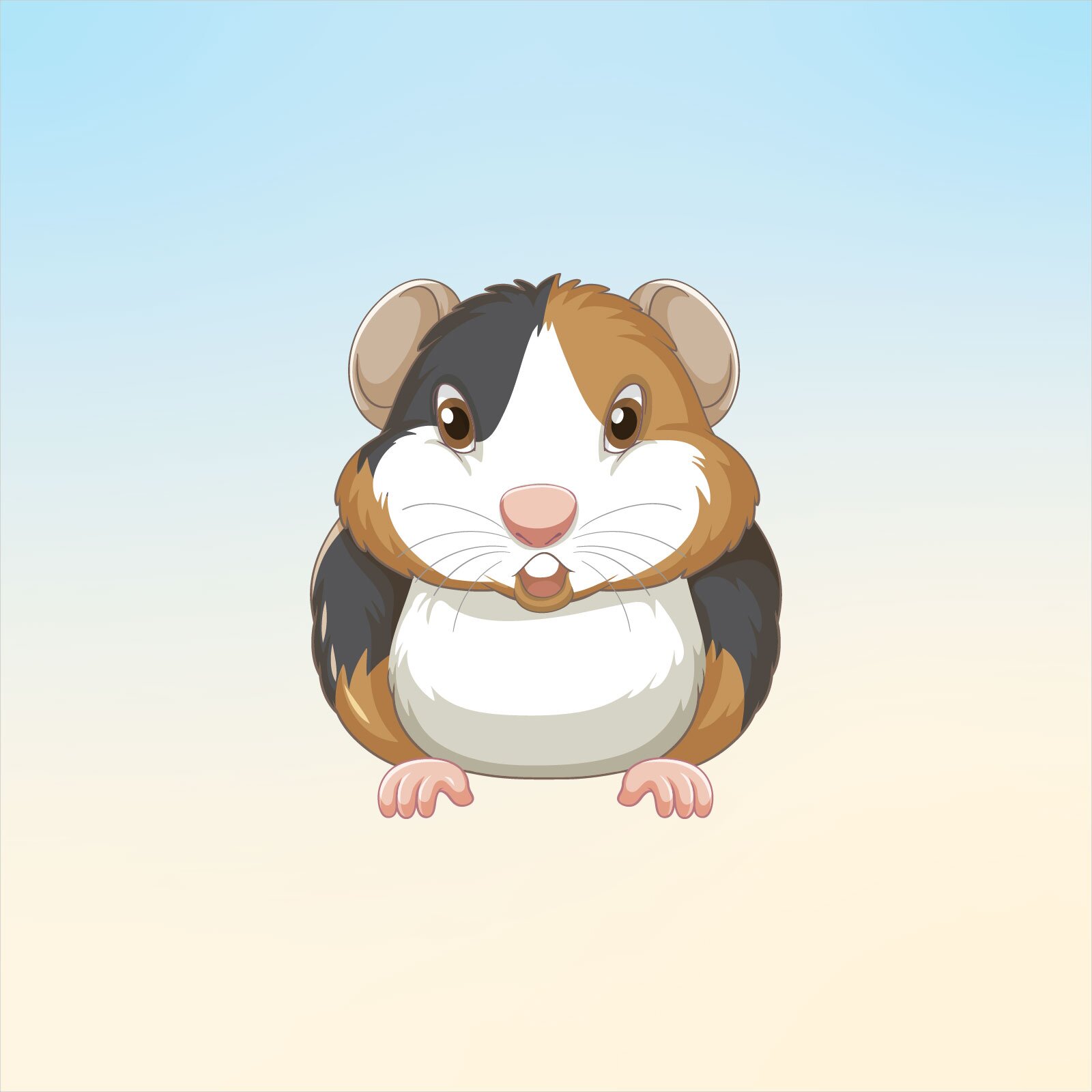 Ilustracja przedstawia uśmiechniętego chomika, w łaty czarne, białe i brązowe. 
