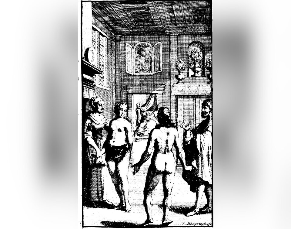 Rycina przedstawia wnętrze komnaty. W komnacie znajduje się naga kobieta i nagi mężczyzna. Stoją naprzeciw siebie. Obok nich widać ubraną kobietę i ubranego mężczyznę.