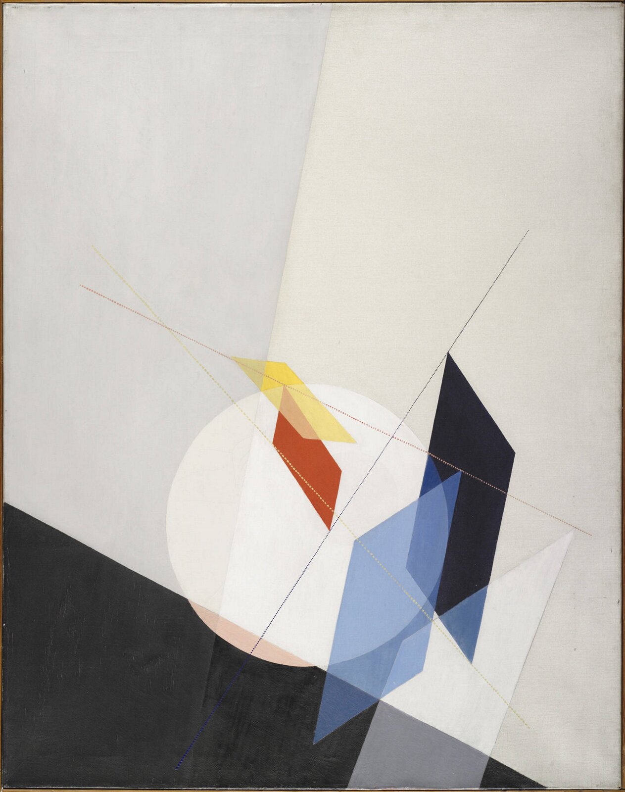 Ilustracja przedstawia obraz László Moholy-Nagy’ego „A 18”. Ukazuje różne, kolorowe geometryczne kształty, przenikające się i nachodzące na siebie. Przestrzeń podzielona jest na trzy pola: dolny, lewy róg zajmuje czarny trójkąt, a w górnej części tło dzieli się pionowo na dwie jasne płaszczyzny