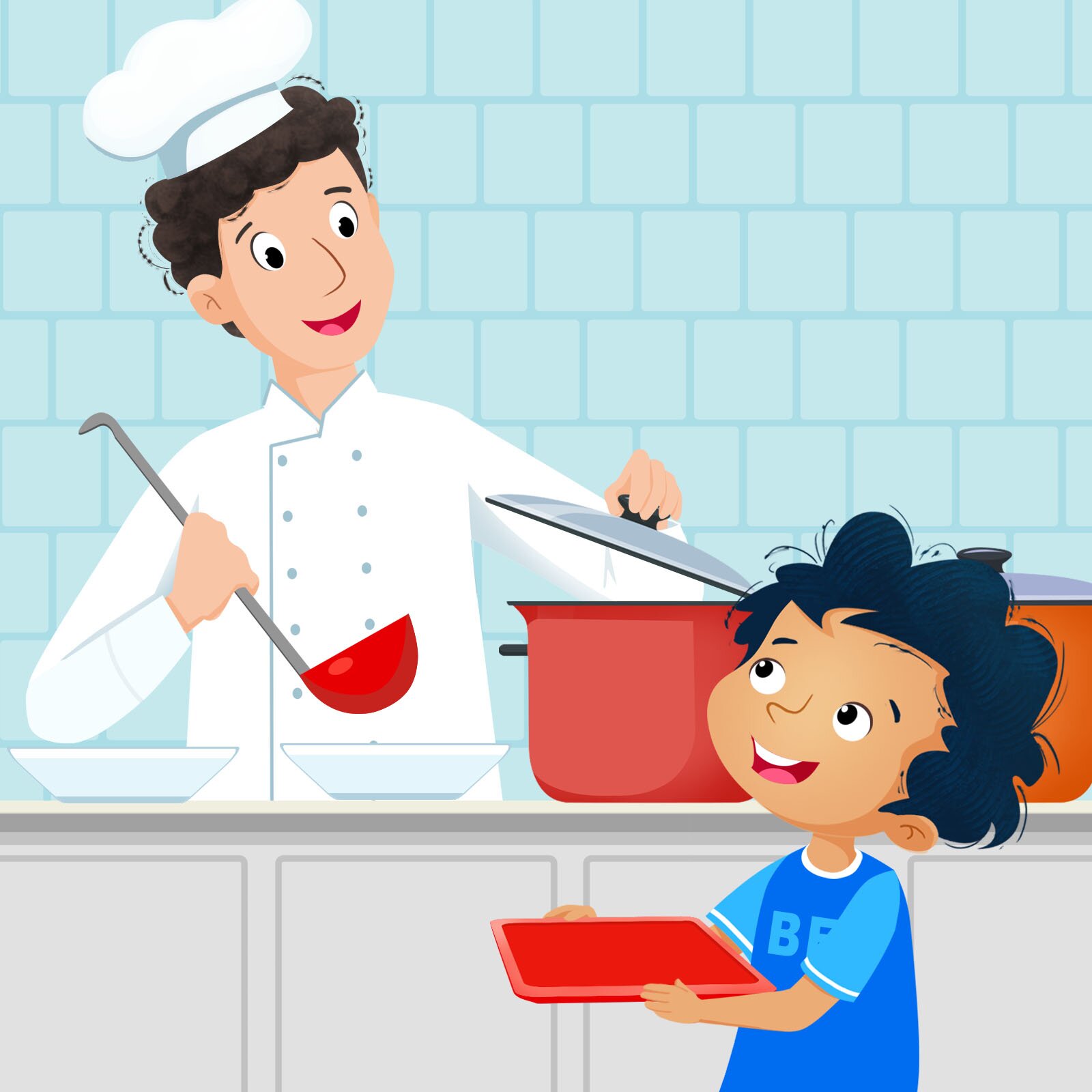 Ilustracja przedstawia kucharza z chochlą oraz Bena z tacką na jedzenie