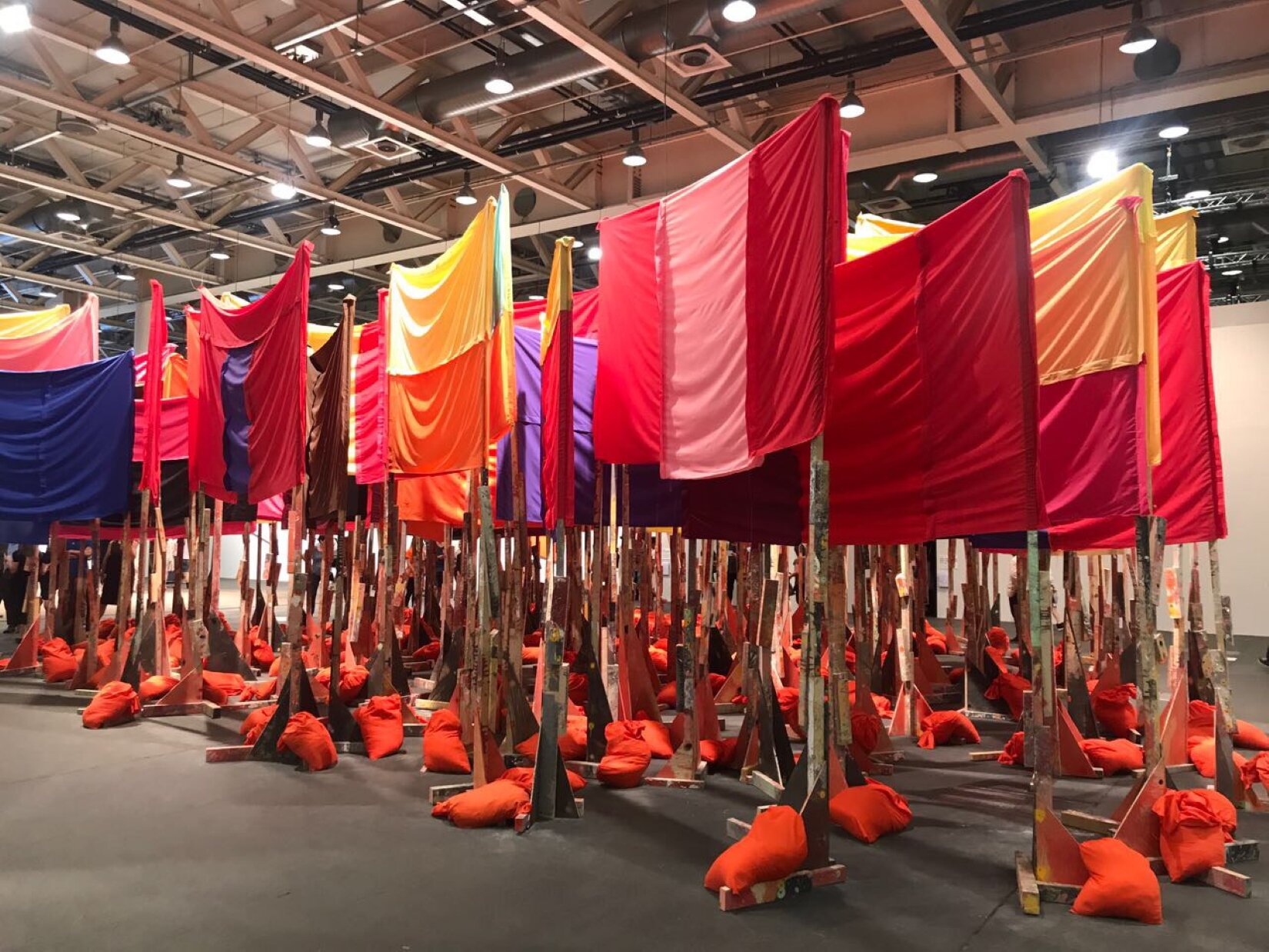 Fotografia przedstawia dzieło złożone z wielu przypominających flagi kawałków materiału. Każdy fragment tkaniny jest przytwierdzony do dwóch masztów, zahaczonych o jej boki. Maszty są obciążone jaskrawoczerwonymi woreczkami. Stoją bardzo blisko siebie, w taki sposób, że tkaniny zasłaniają, co stoi za nimi. Są one różnobarwne, jednak dominują ciepłe odcienie czerwieni, różu oraz żółci. Są również pojedyncze elementy o granatowej oraz fioletowej barwie. Całość przedstawiono w intensywnie oświetlonym pomieszczeniu przypominającym halę. 