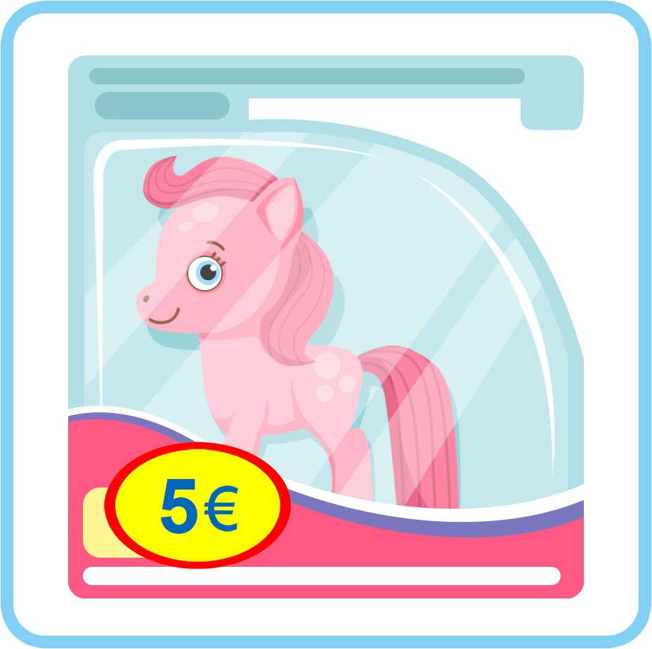 Ilustracja przedstawia pudełko, w którym jest różowy kucyk. Cena 5 euro